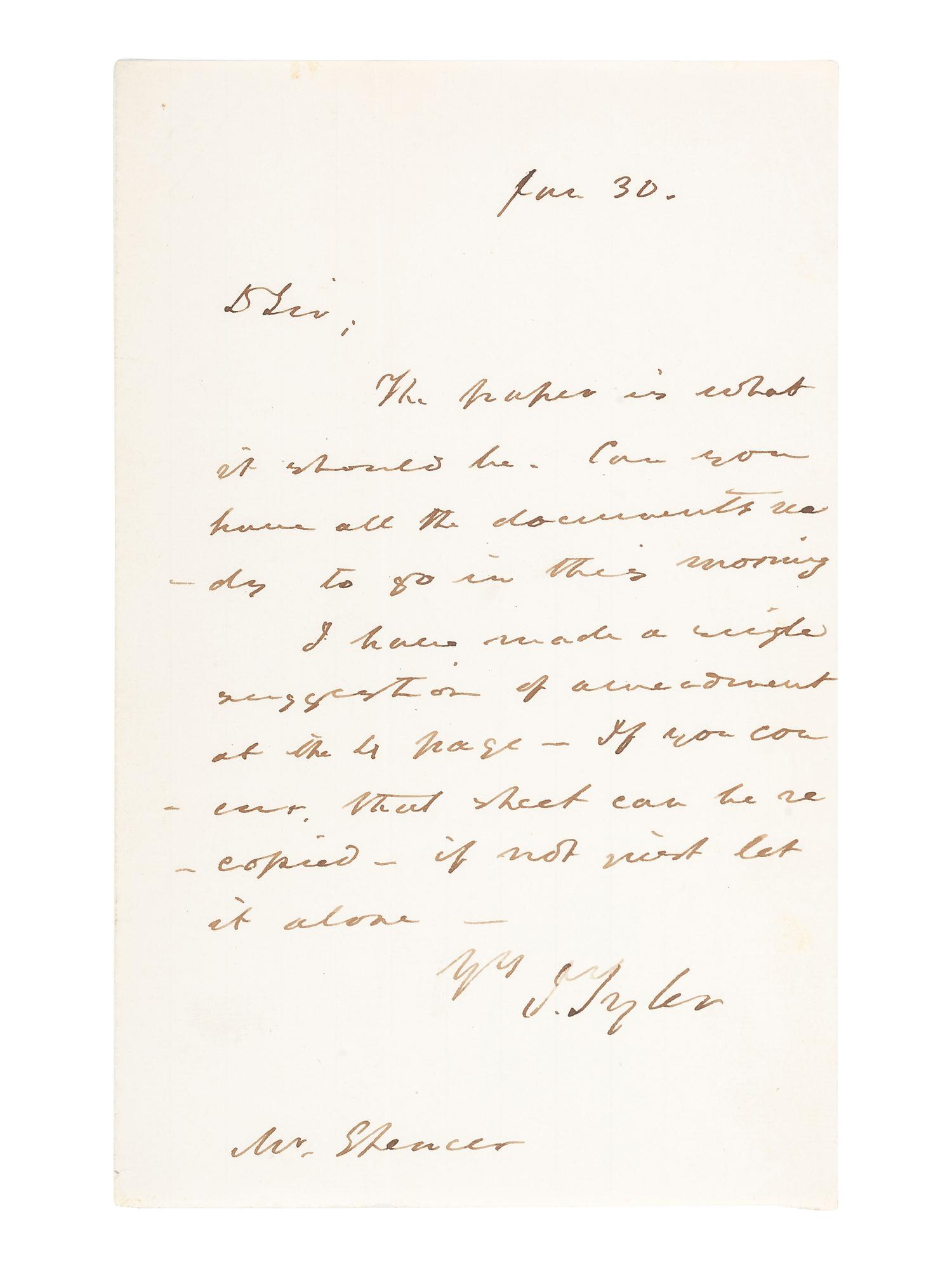 TYLER, John (1790-1862). Autograph letter signed ("J. Tyler"), to John C. Spencer. N.p., ca 1841-1843.