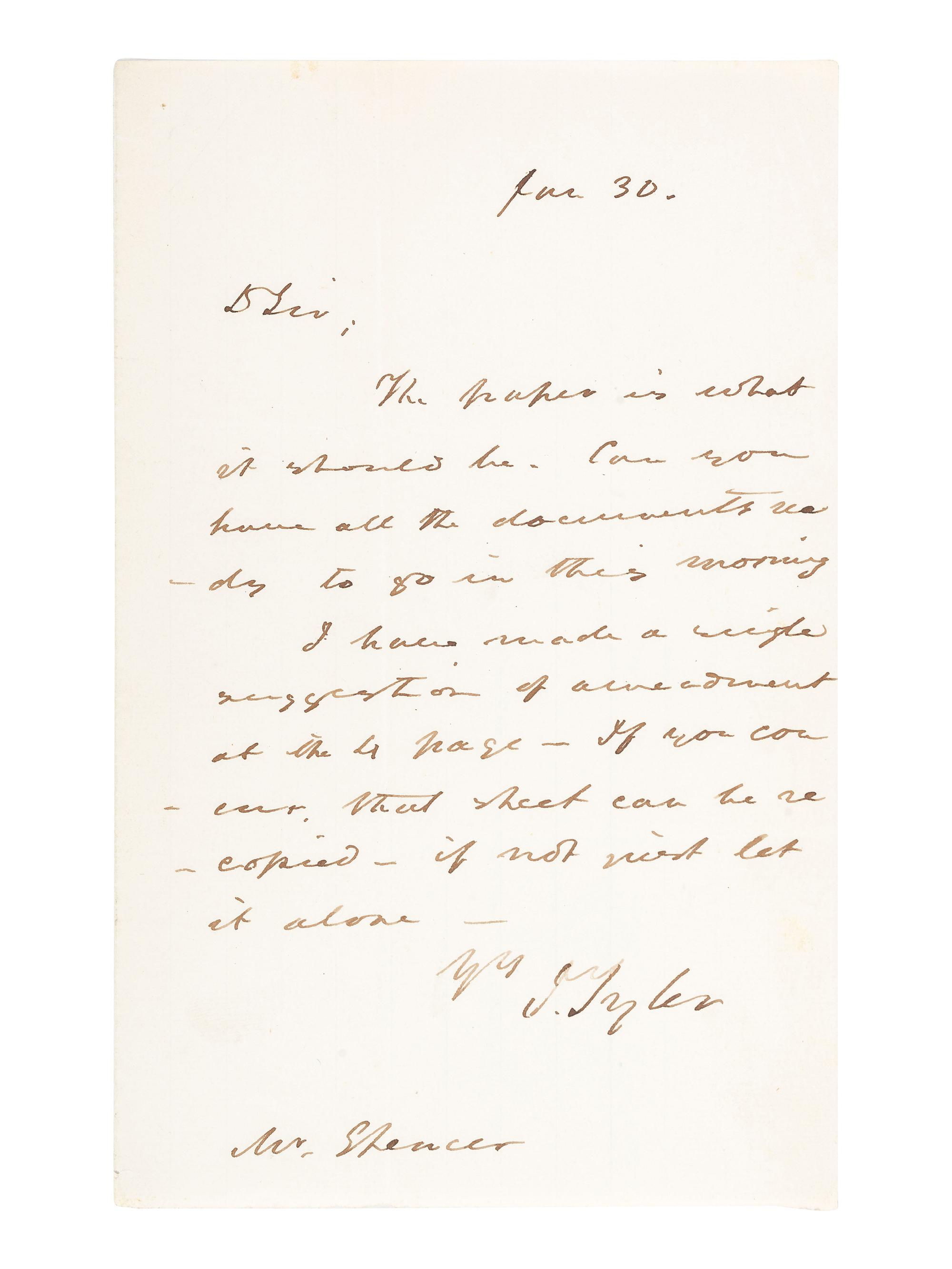 TYLER, John (1790-1862). Autograph letter signed ("J. Tyler"), to John C. Spencer. N.p., ca 1841-1843.