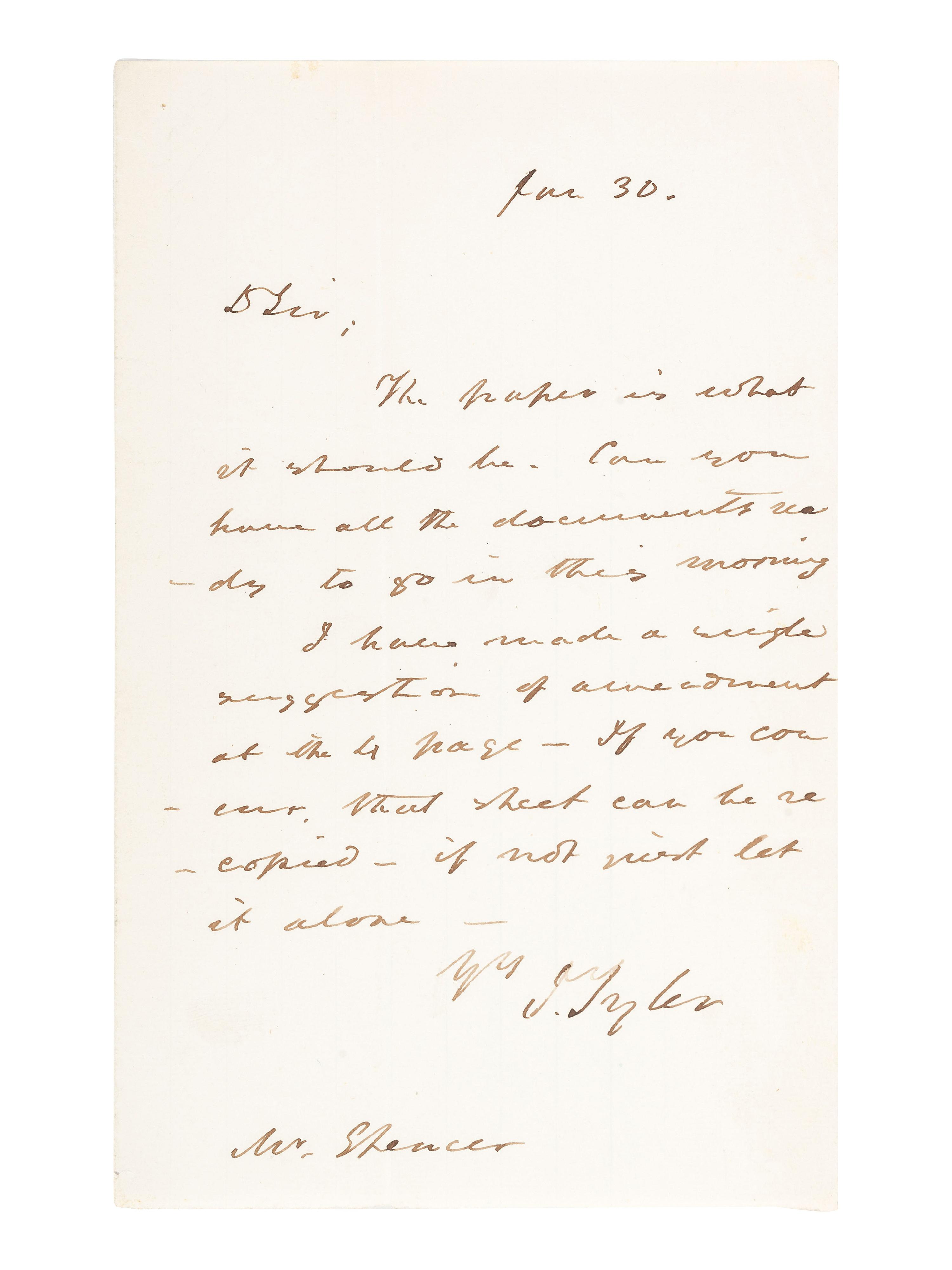 TYLER, John (1790-1862). Autograph letter signed ("J. Tyler"), to John C. Spencer. N.p., ca 1841-1843.