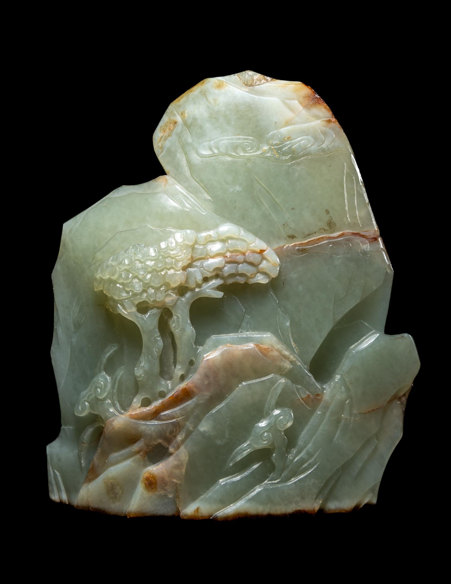 Two Chinese Carved Celadon and Russet Jade Articles, Ming-Qing Dynasty 明-清 青玉山子及仿古佩