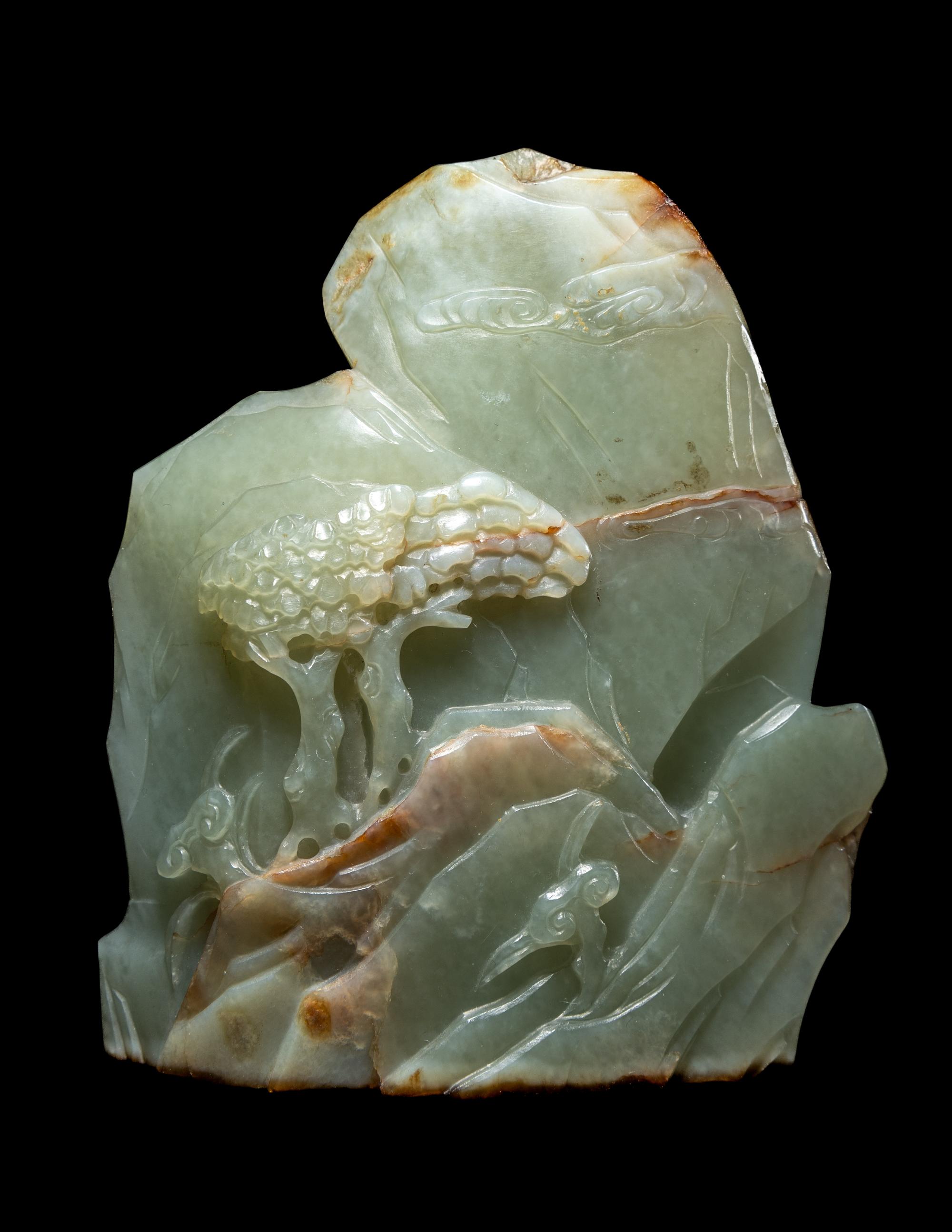 Two Chinese Carved Celadon and Russet Jade Articles, Ming-Qing Dynasty 明-清 青玉山子及仿古佩