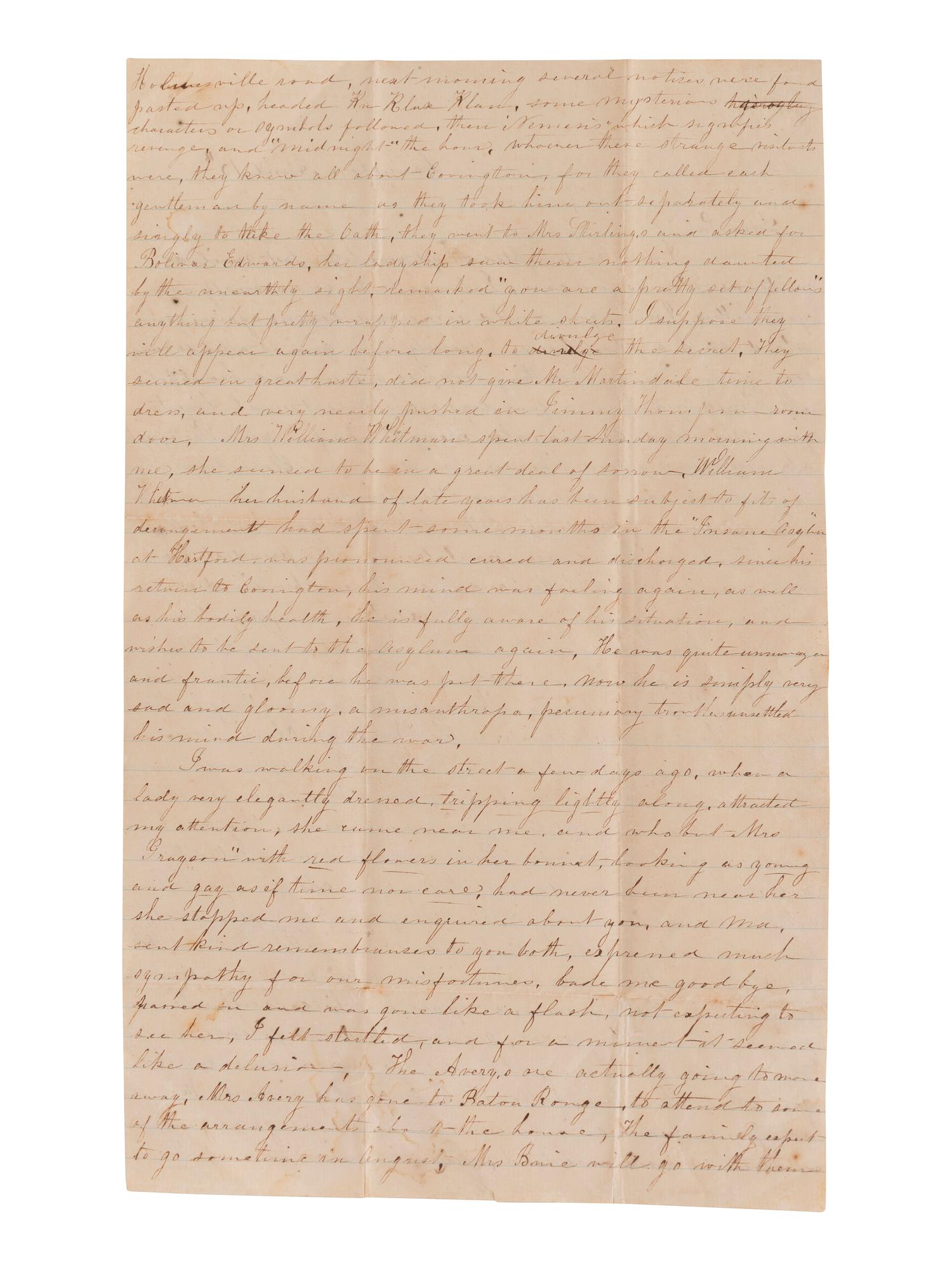[RECONSTRUCTION]. Letter describing white supremacist initiation rites prior to election in Louisiana.