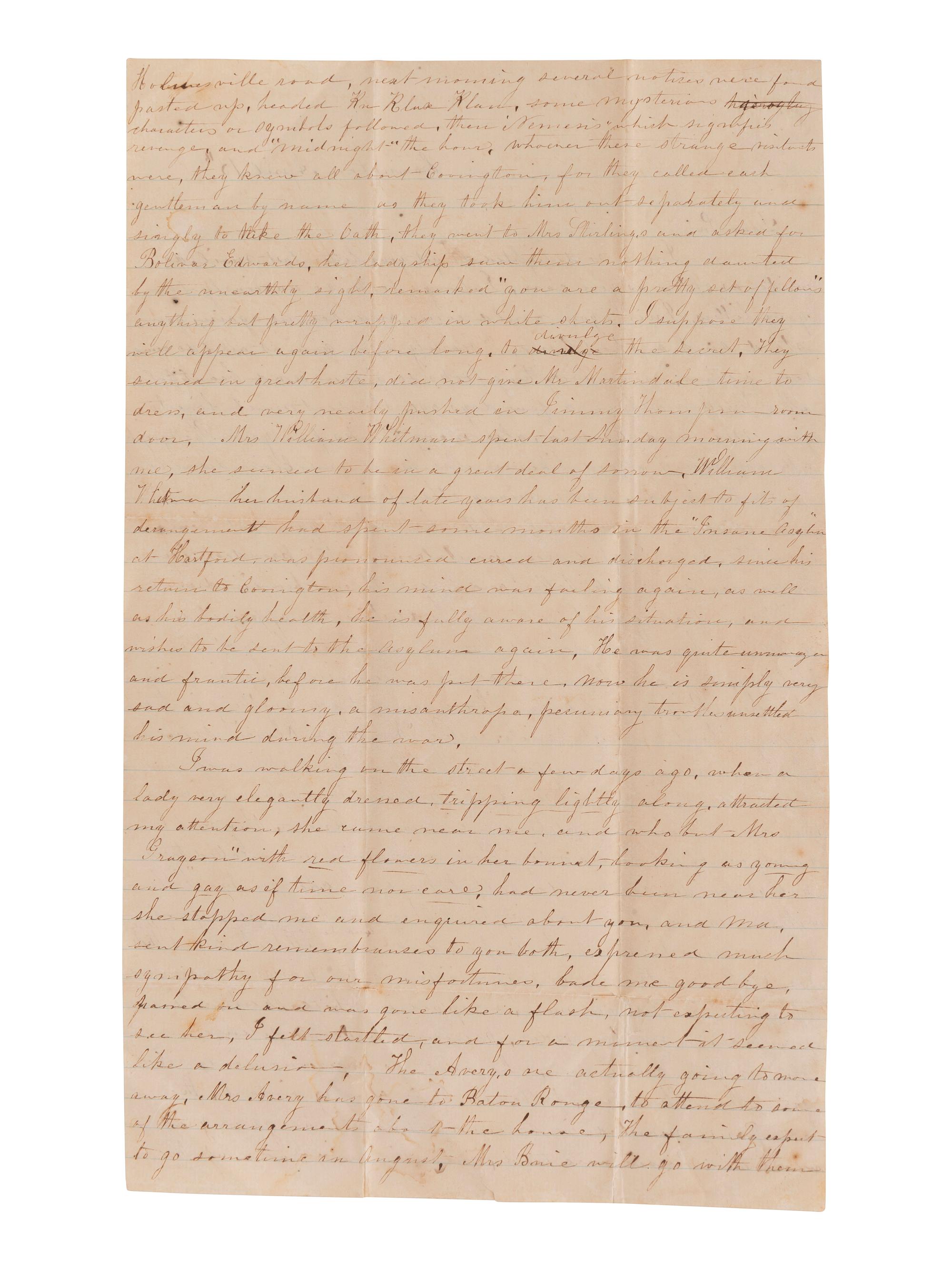 [RECONSTRUCTION]. Letter describing white supremacist initiation rites prior to election in Louisiana.