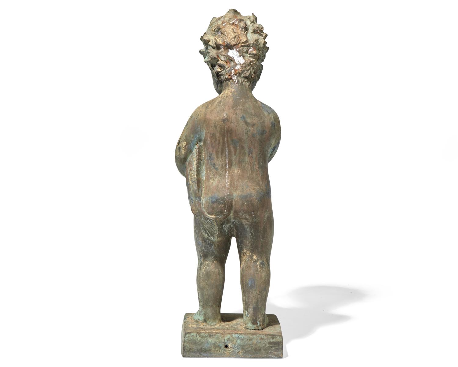 A cast zinc fountain head of a boy holding fish, 20th century