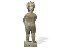 A cast zinc fountain head of a boy holding fish, 20th century