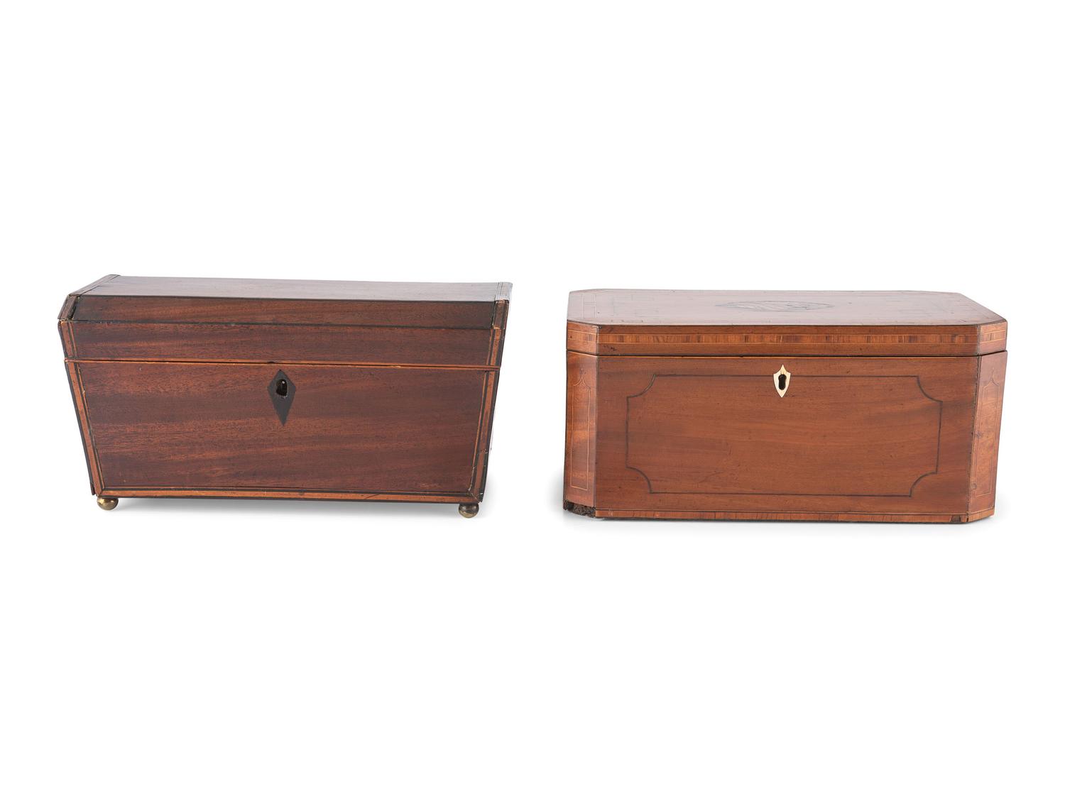 Four English Mahogany Inlaid Tea Caddies