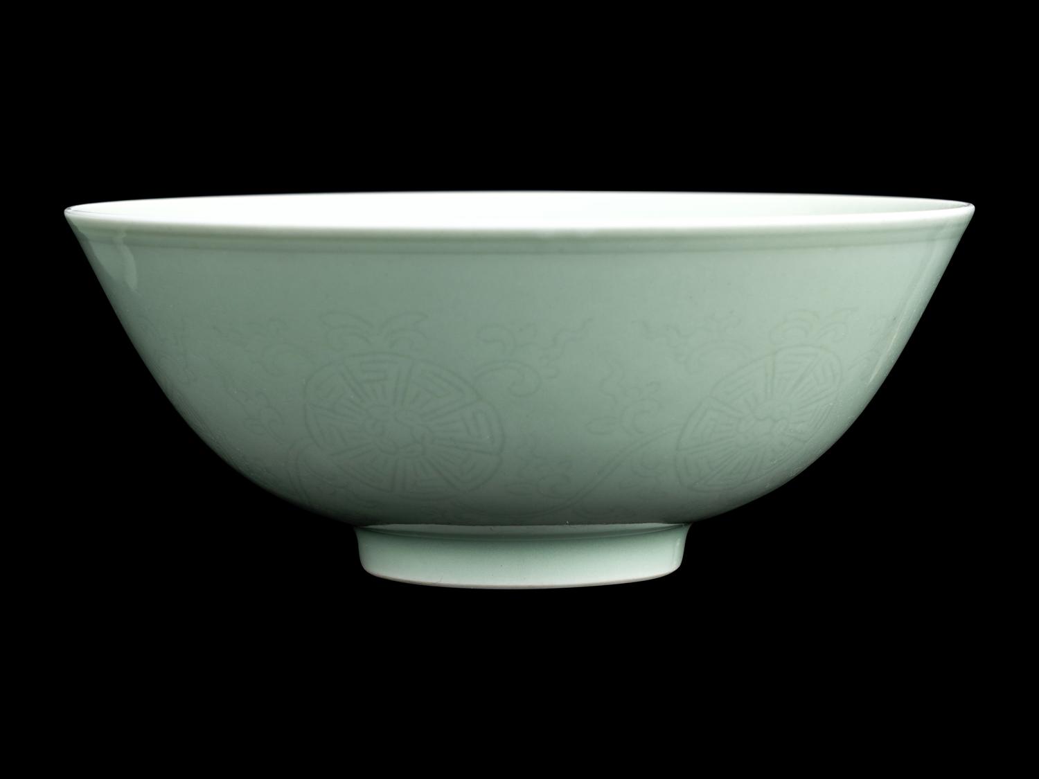 A Pair of Incised Celadon Glazed Porcelain Bowls