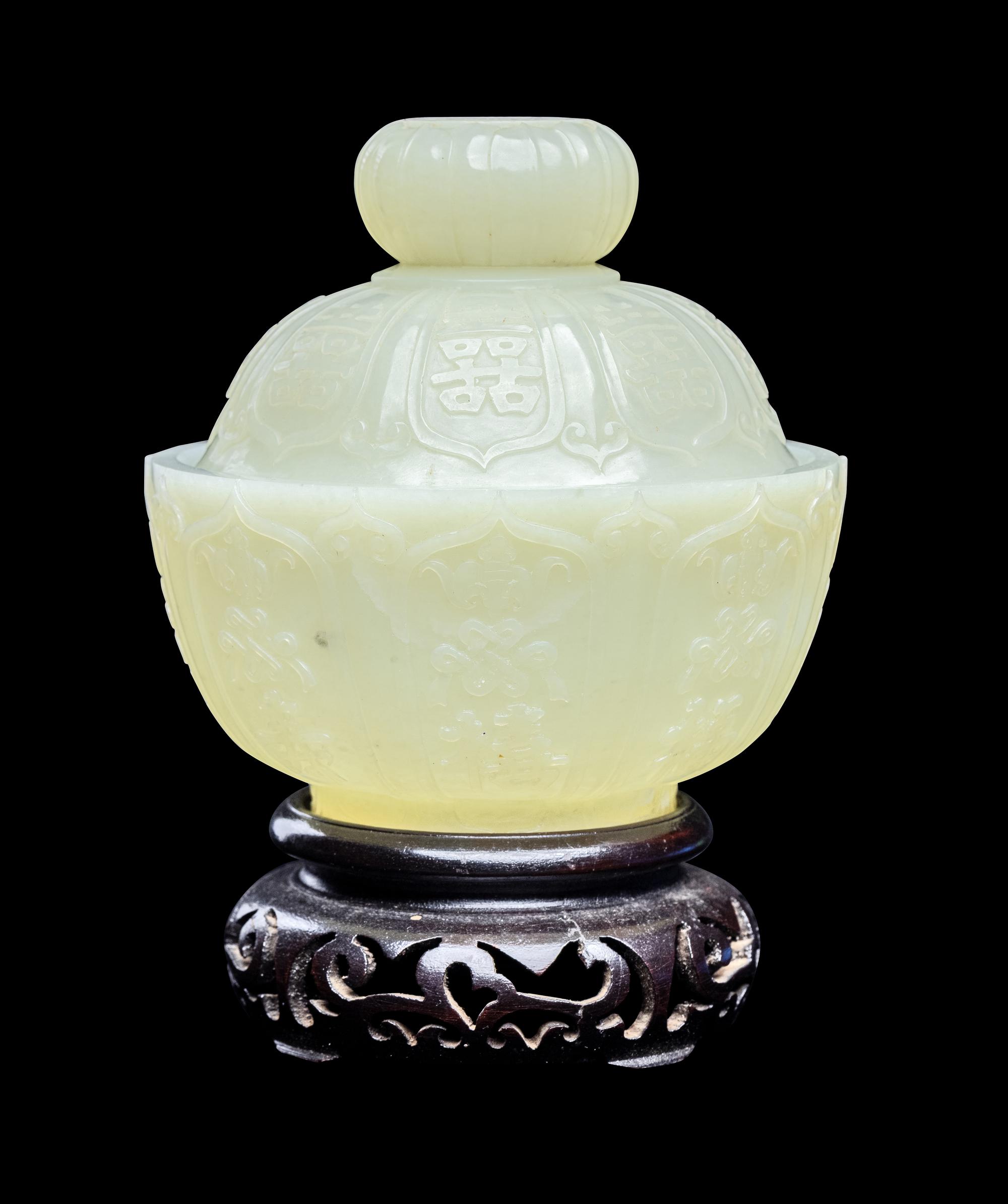 A Chinese Pale Celadon Jade 'Fu Lu Shou' Bowl and Cover