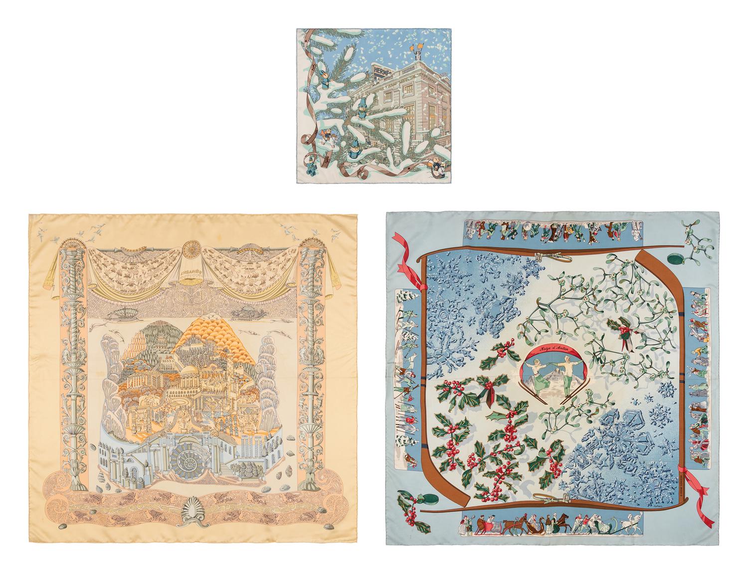 Hermès, Three Silk Scarves, Two Winter-Themed