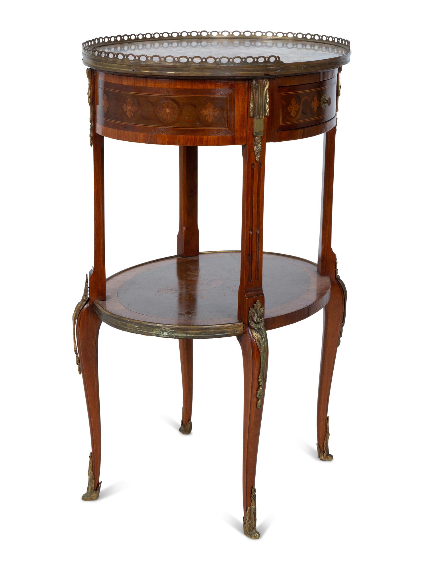 A Louis XV Style Marquetry Marble-Top Table en Chiffonier