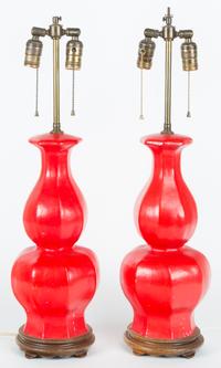 A Pair of Red Painted Urns Height 26 1/2 inches overall. — 20TH CENTURY