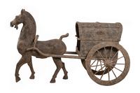 A Team of Chinese Monumental Terra Cotta Horses with a Two-Wheeled Chariot