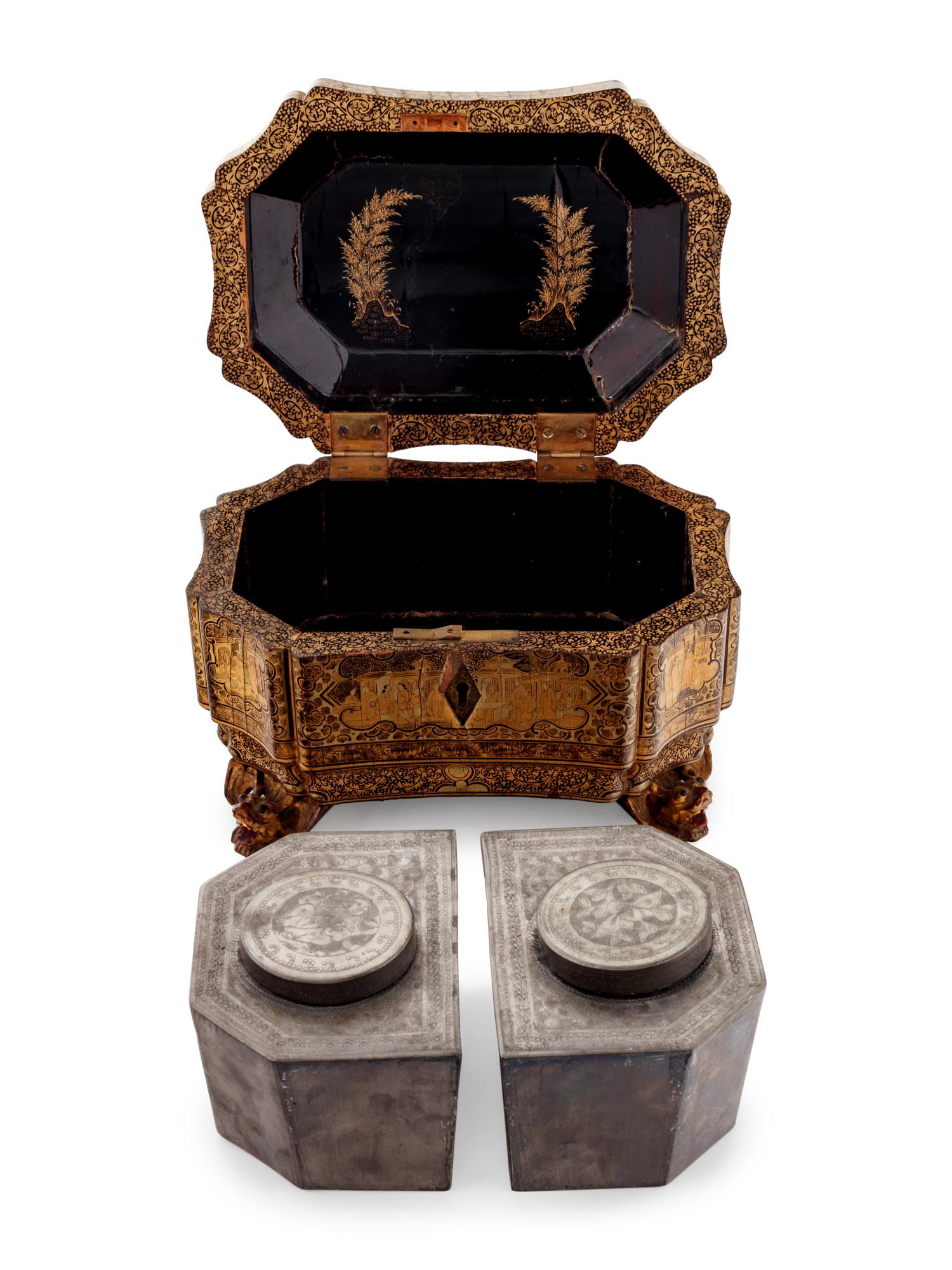A Chinese Export Gilt Decorated Black Lacquer Tea Caddy