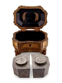 A Chinese Export Gilt Decorated Black Lacquer Tea Caddy