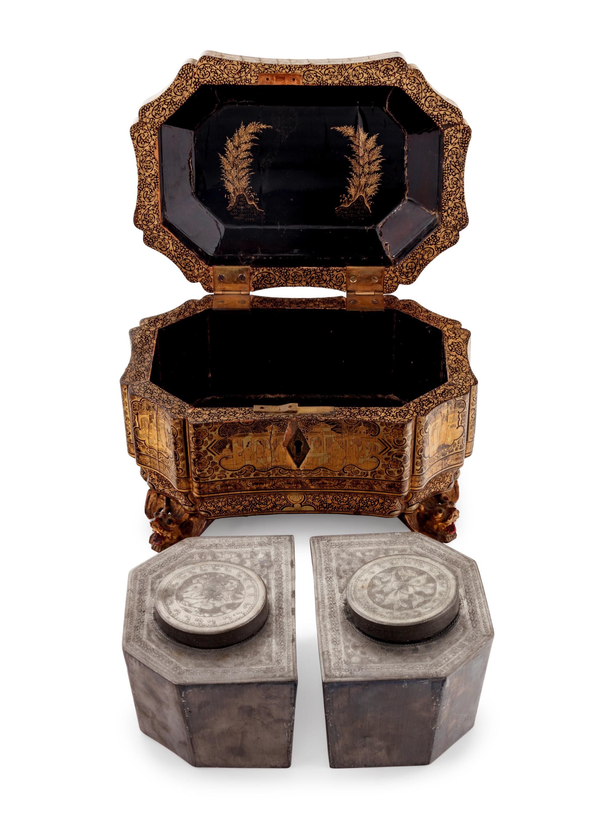 A Chinese Export Gilt Decorated Black Lacquer Tea Caddy