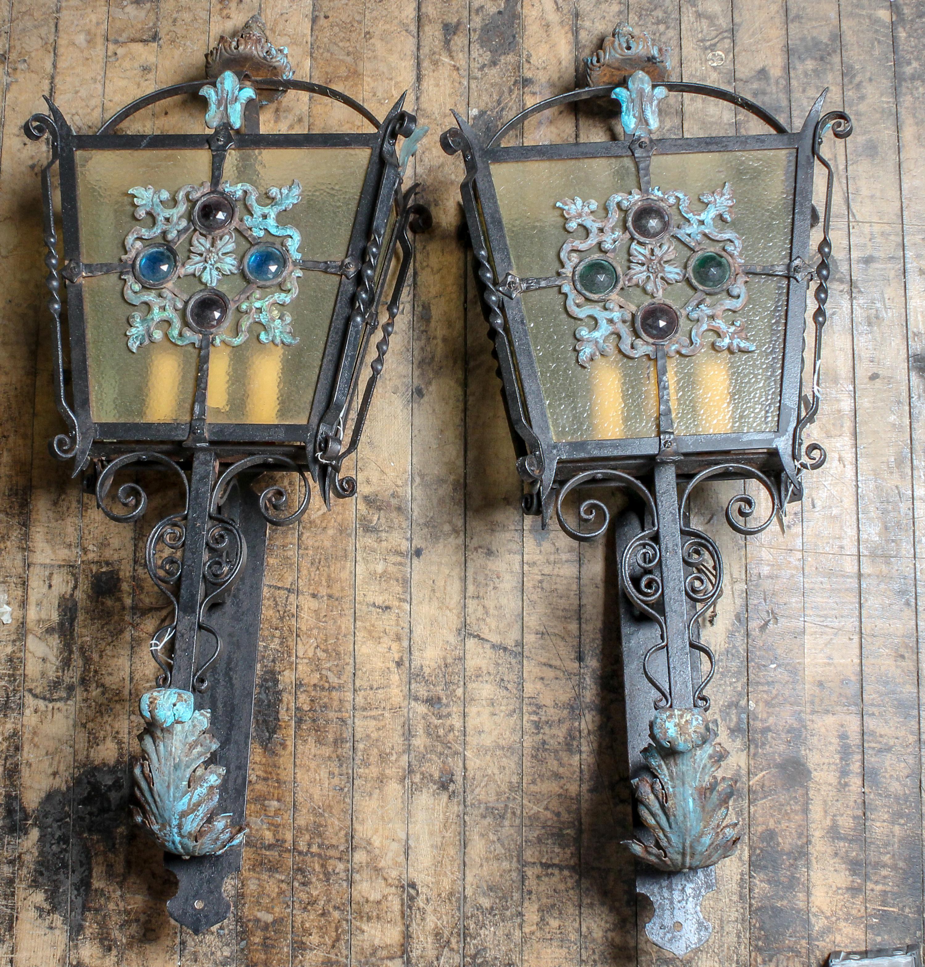 A Pair of Wrought Metal and Glass Lanterns Height 34 inches. — LATE 19TH/EARLY 20TH CENTURY