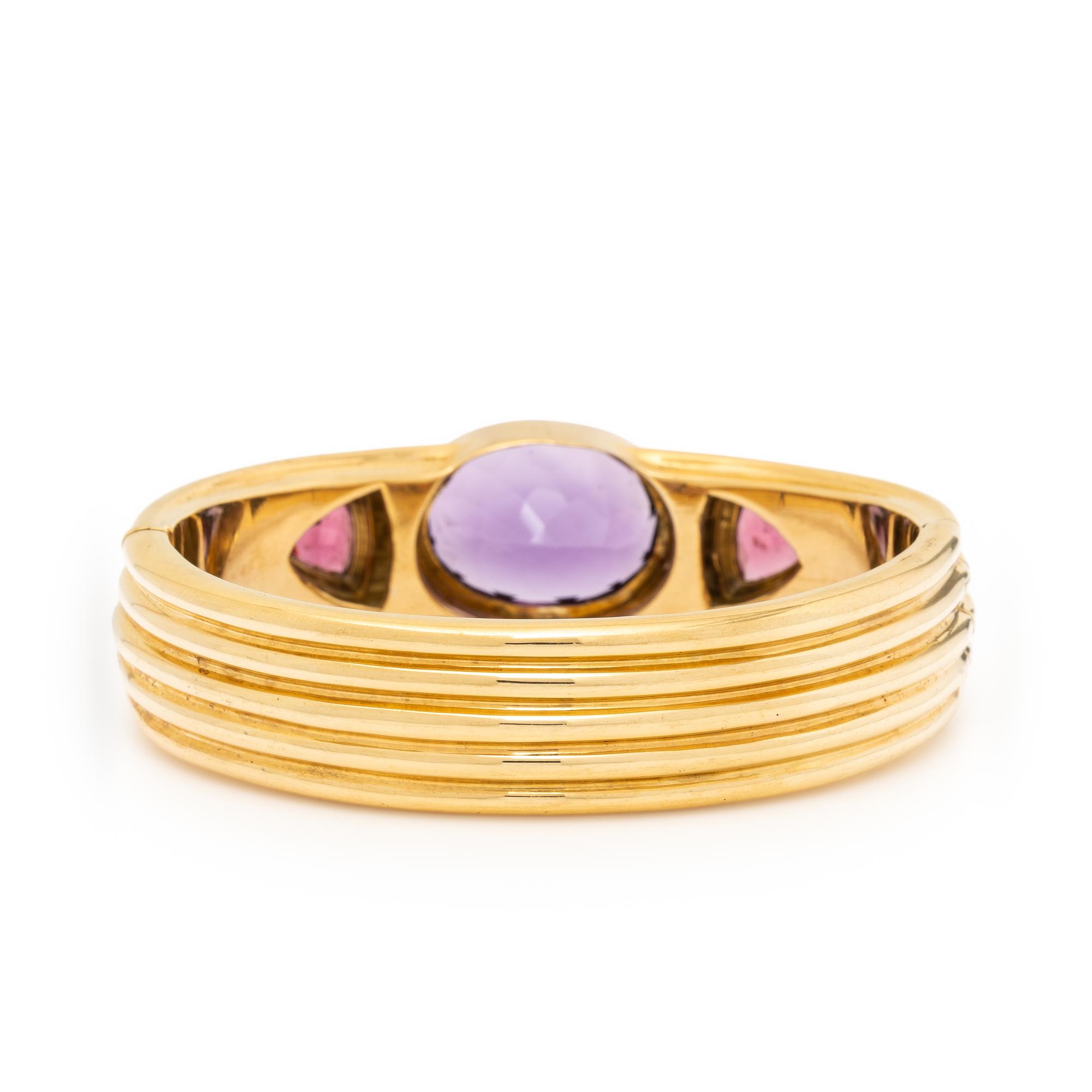 Amethyst, Pink Tourmaline, and Yellow Gold Bangle Bracelet