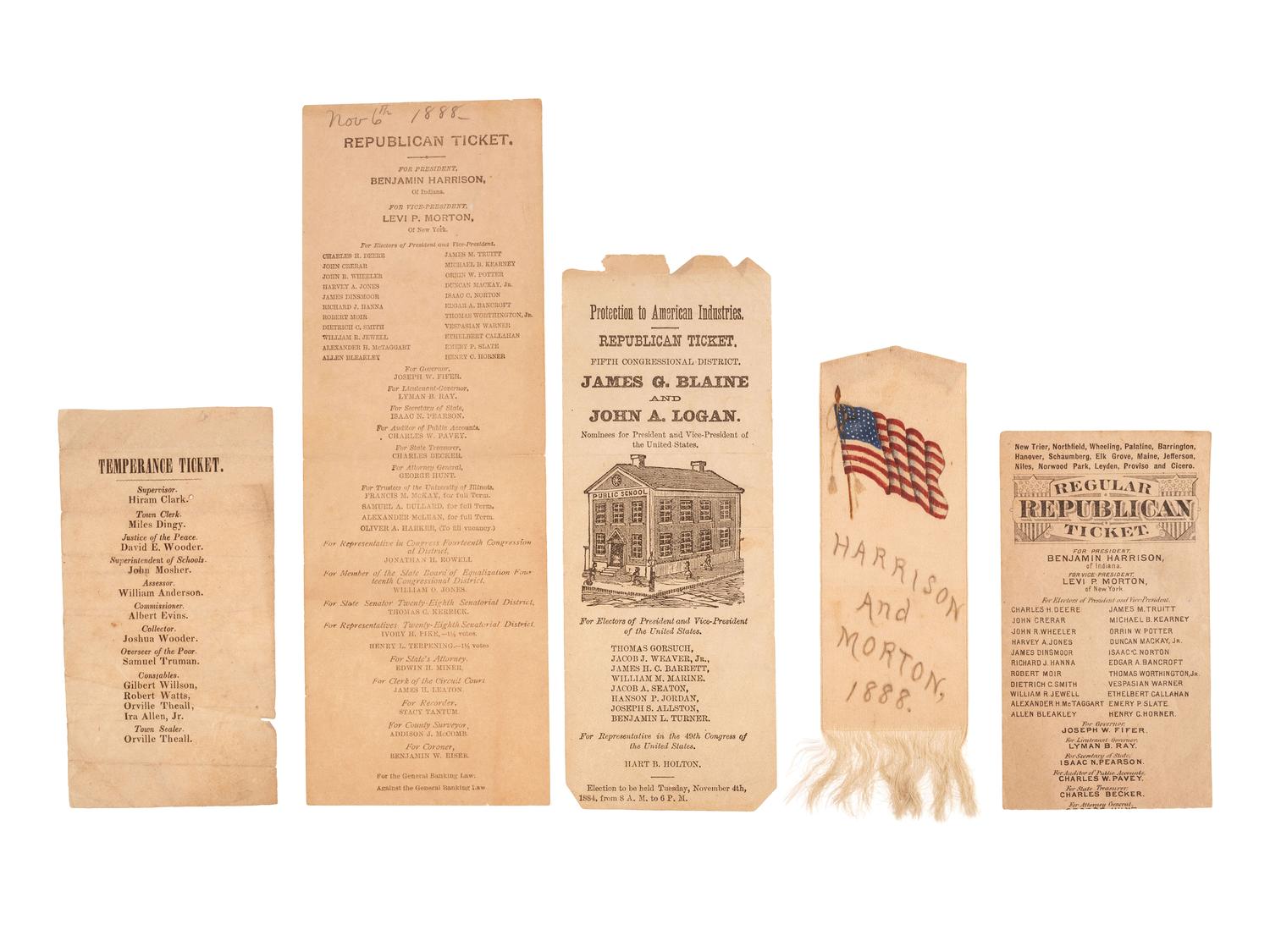[POLITICS]. A group of Republican ballots and broadsides including Benjamin HARRISON and James G. BLAINE.