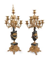 A Pair of Empire Style Gilt Metal Mounted Marble Seven-Light Candelabra