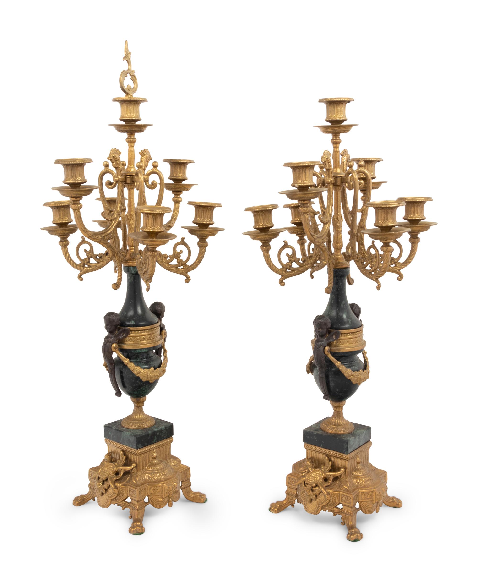 A Pair of Empire Style Gilt Metal Mounted Marble Seven-Light Candelabra