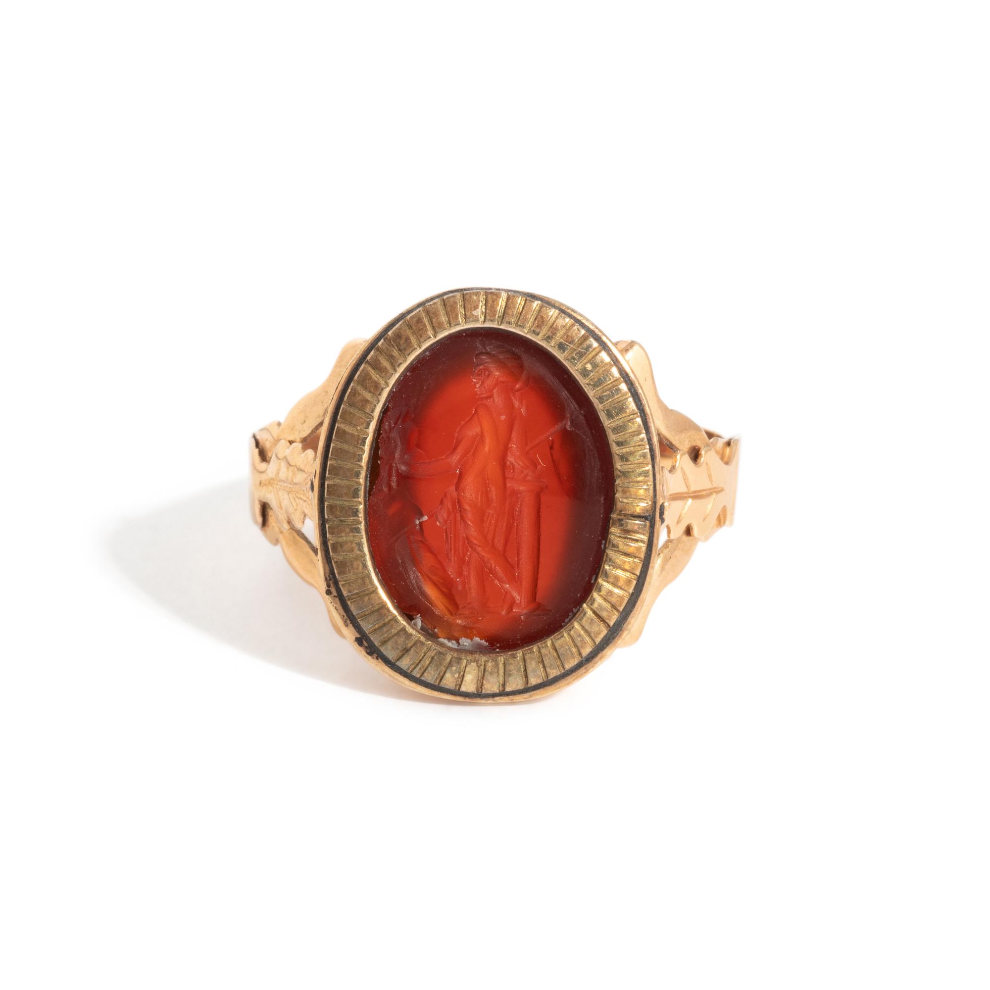 A Roman Carnelian Ring Stone with the Goddess Minerva Pallas — Set in a gold ring