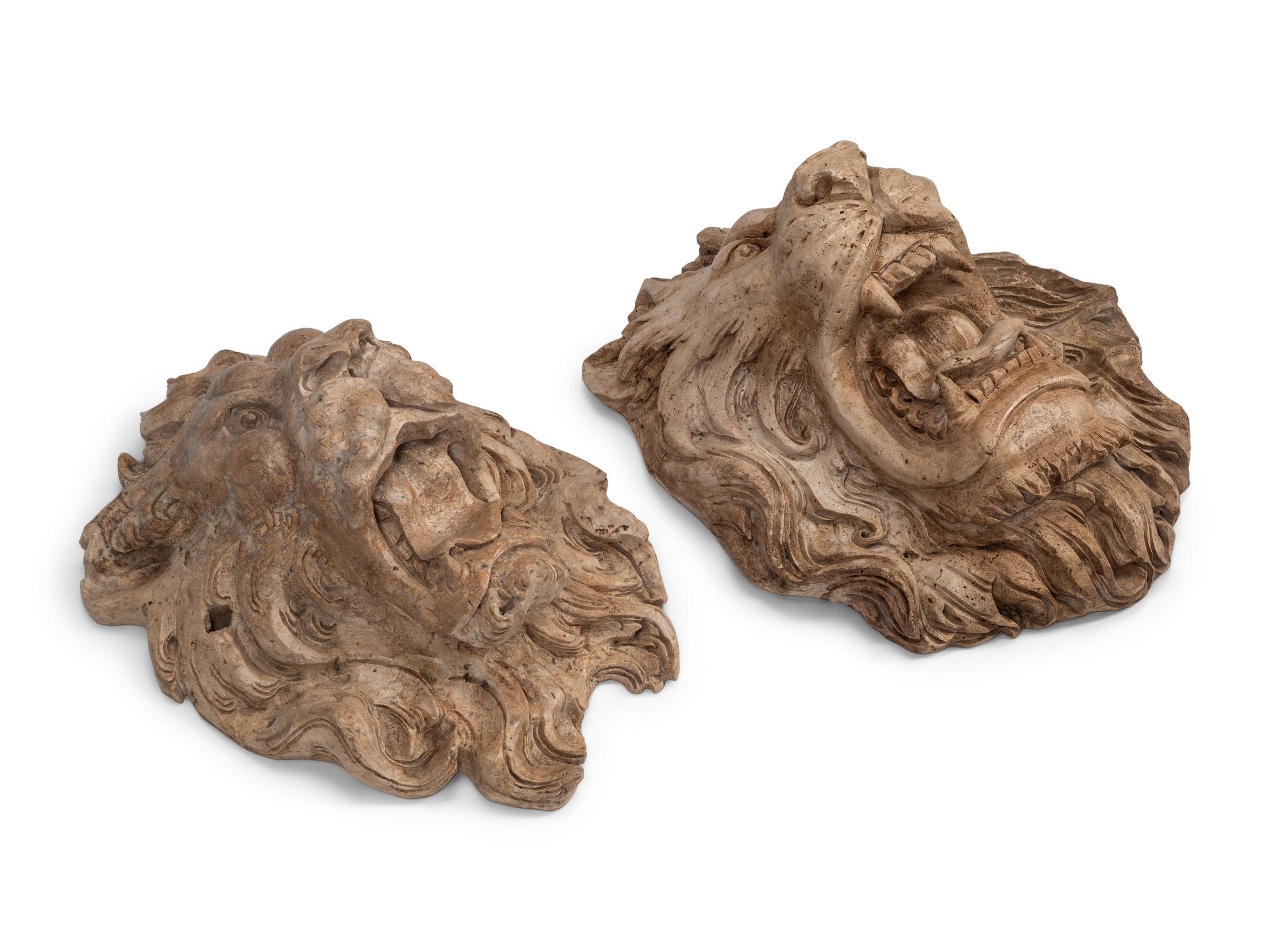 Two Italian Carved Stone Lion Fountain Masks