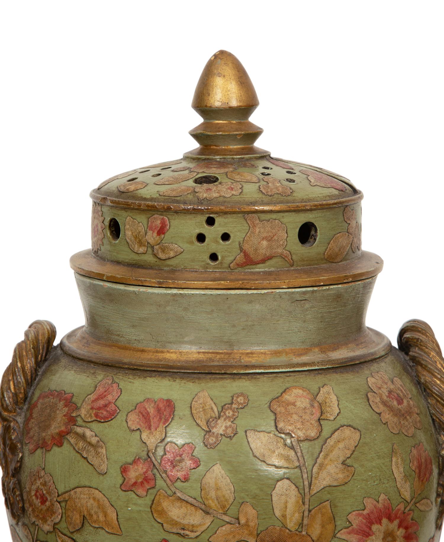 A Continental Green Glazed Ceramic and Canvas Appliqué Vase Garniture