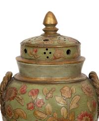 A Continental Green Glazed Ceramic and Canvas Appliqué Vase Garniture