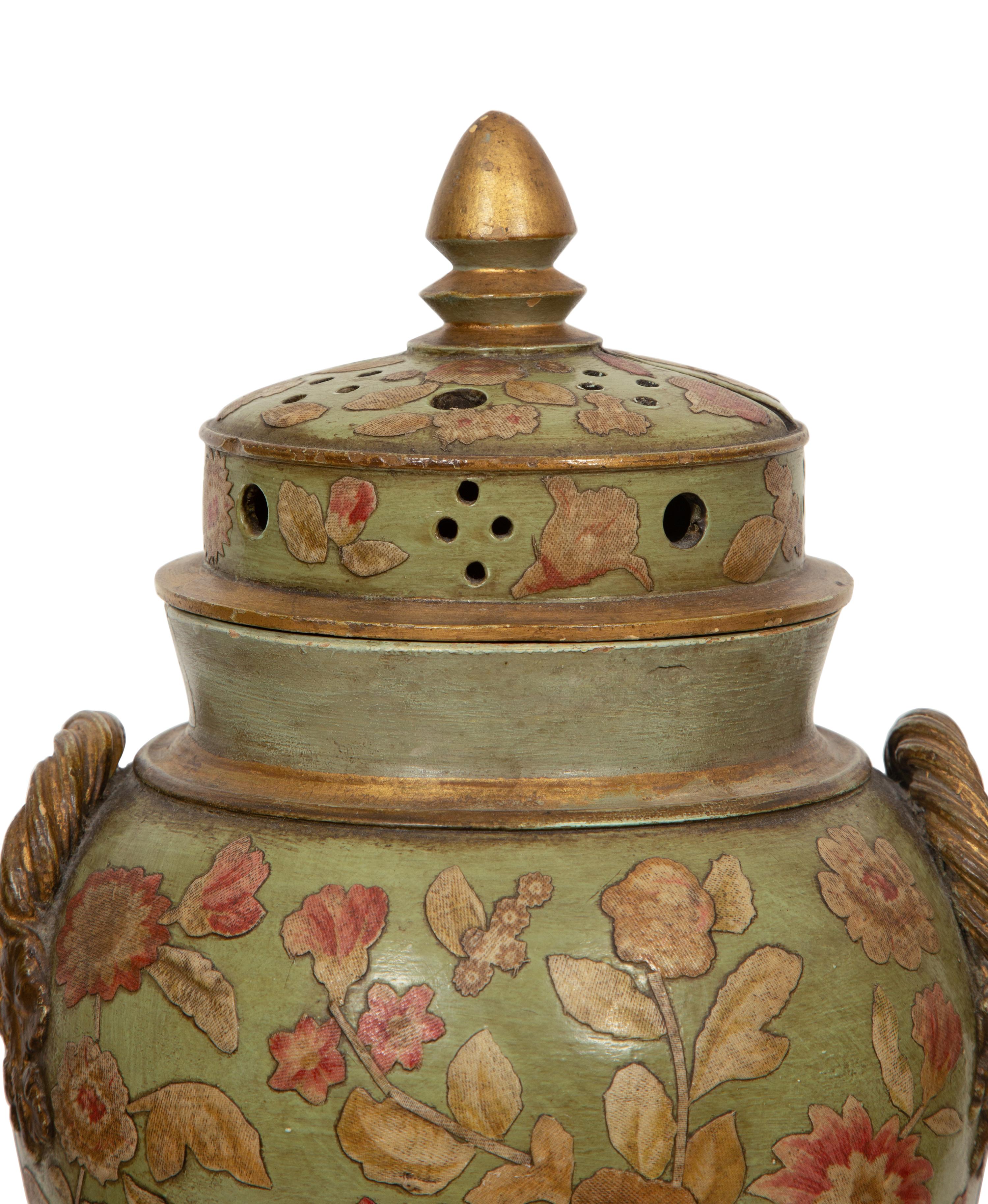 A Continental Green Glazed Ceramic and Canvas Appliqué Vase Garniture