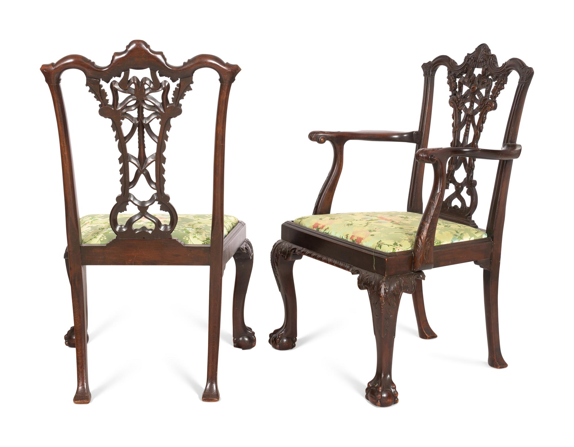A Set of Eleven George III Style Ribbon-Carved Mahogany Dining Chairs