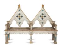 A Neo-Gothic Trompe l'oeil Painted and Parcel Gilt Hall Bench