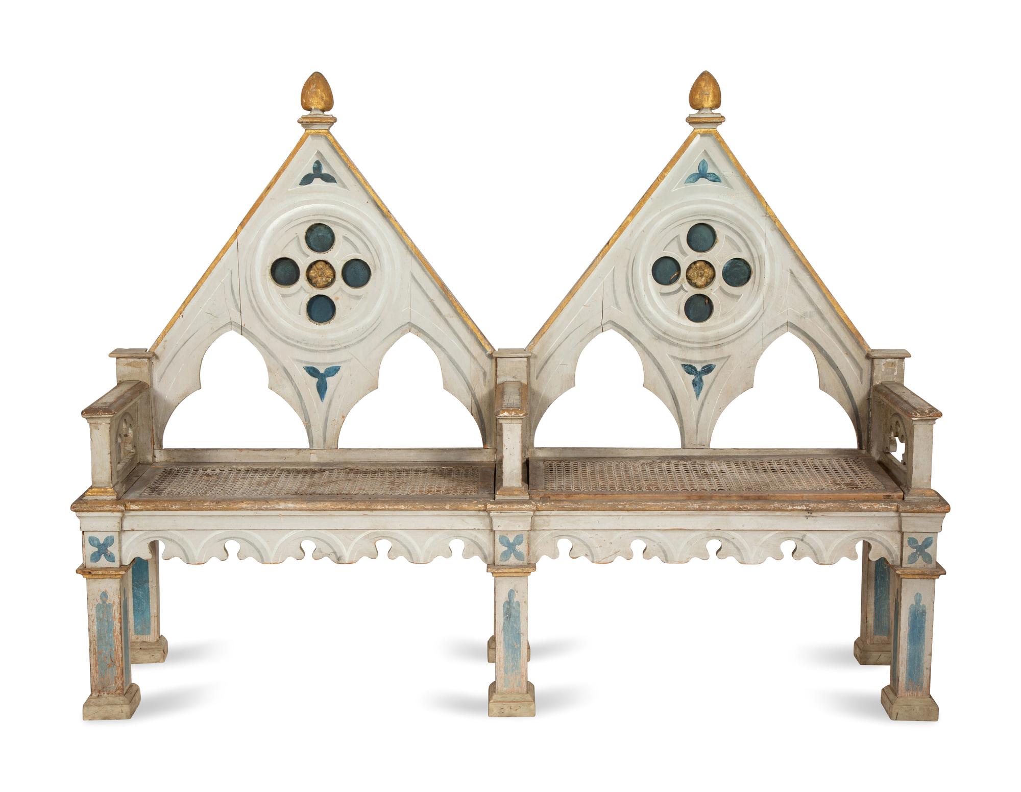A Neo-Gothic Trompe l'oeil Painted and Parcel Gilt Hall Bench