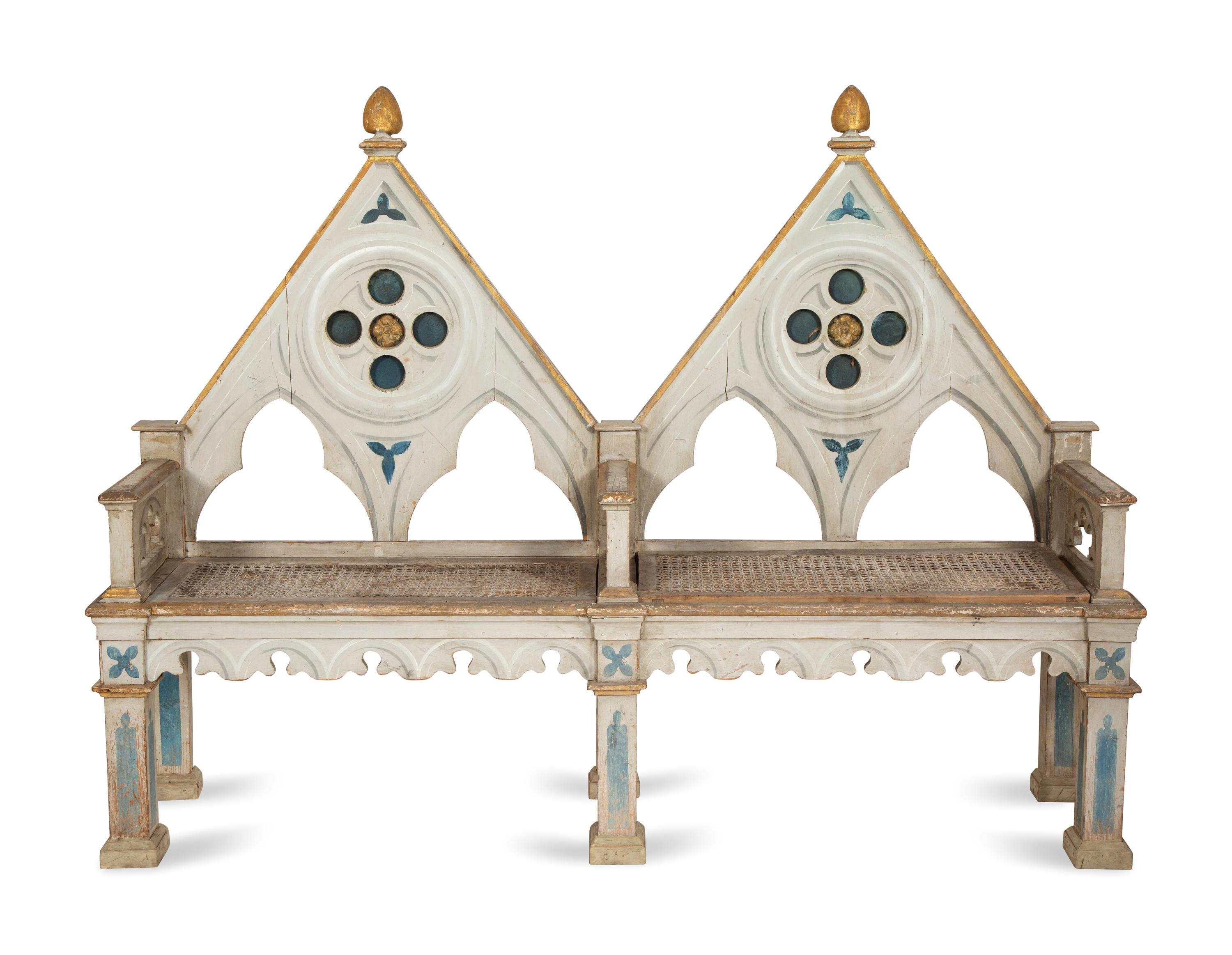 A Neo-Gothic Trompe l'oeil Painted and Parcel Gilt Hall Bench