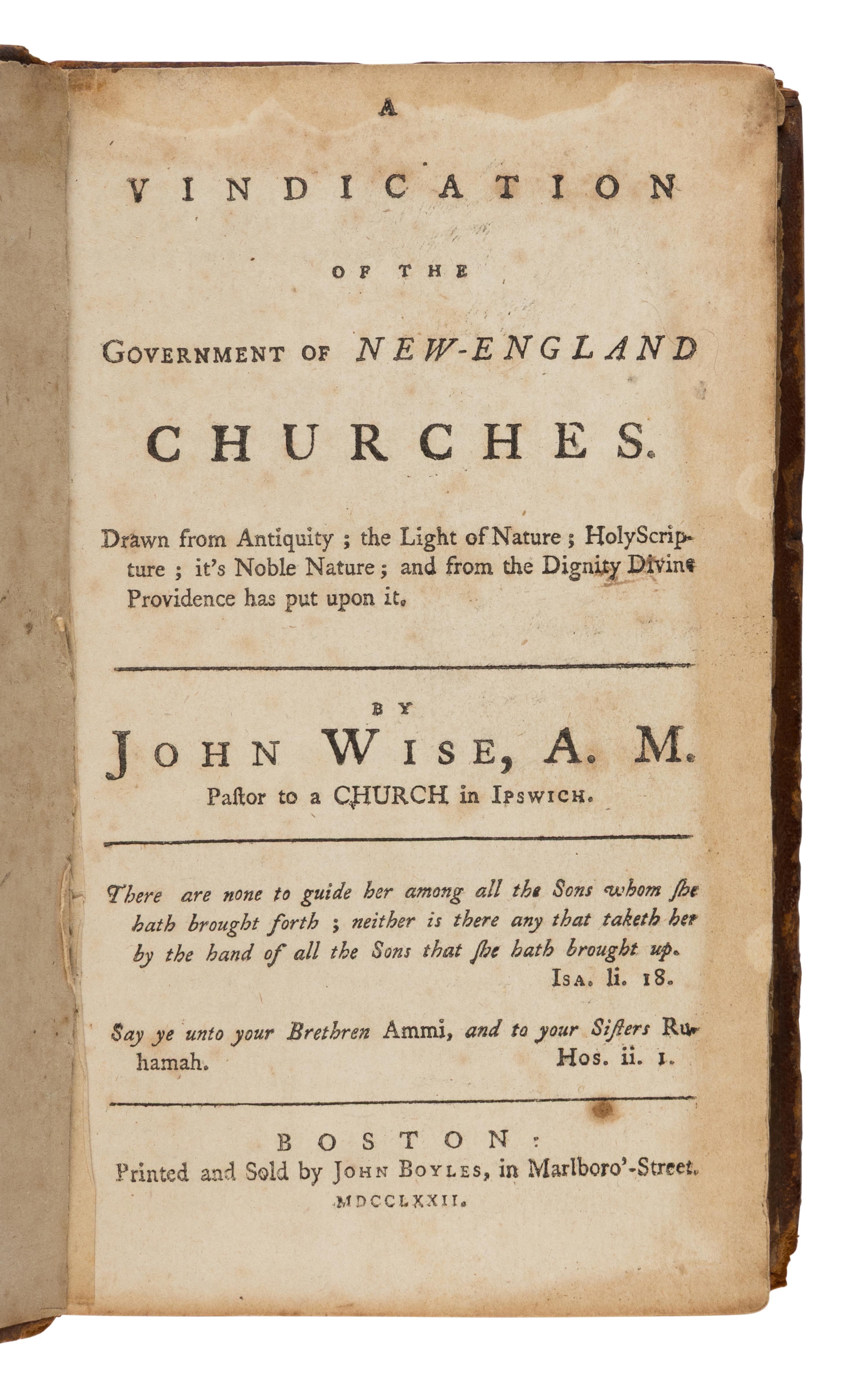 [American Revolution] Wise, John. A Vindication of the Government of New-England Churches