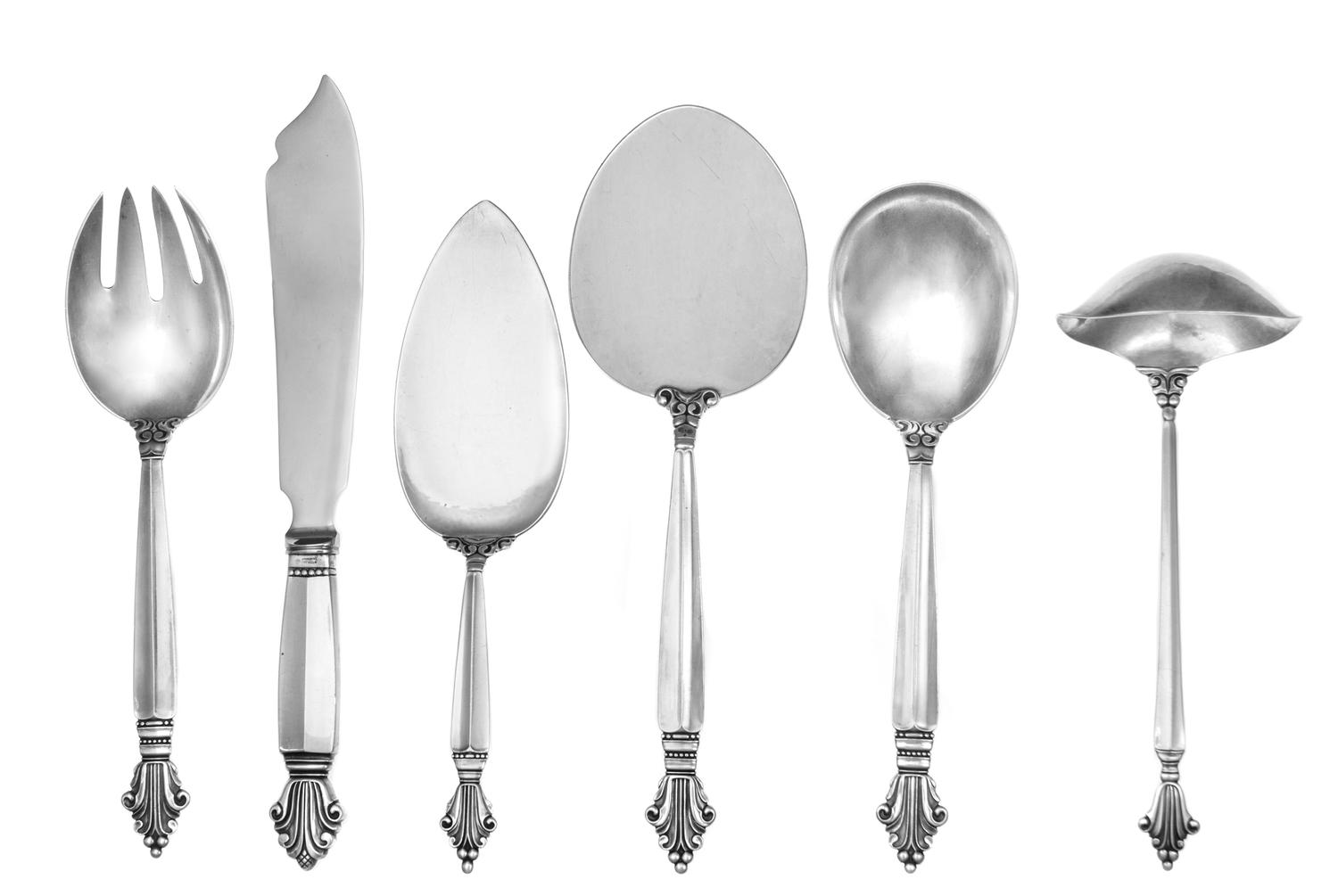 A Danish Silver Flatware Service, Georg Jensen Silversmithy, Copenhagen, Acanthus pattern, comprising: 12 dinner knives 12 butter sprea
