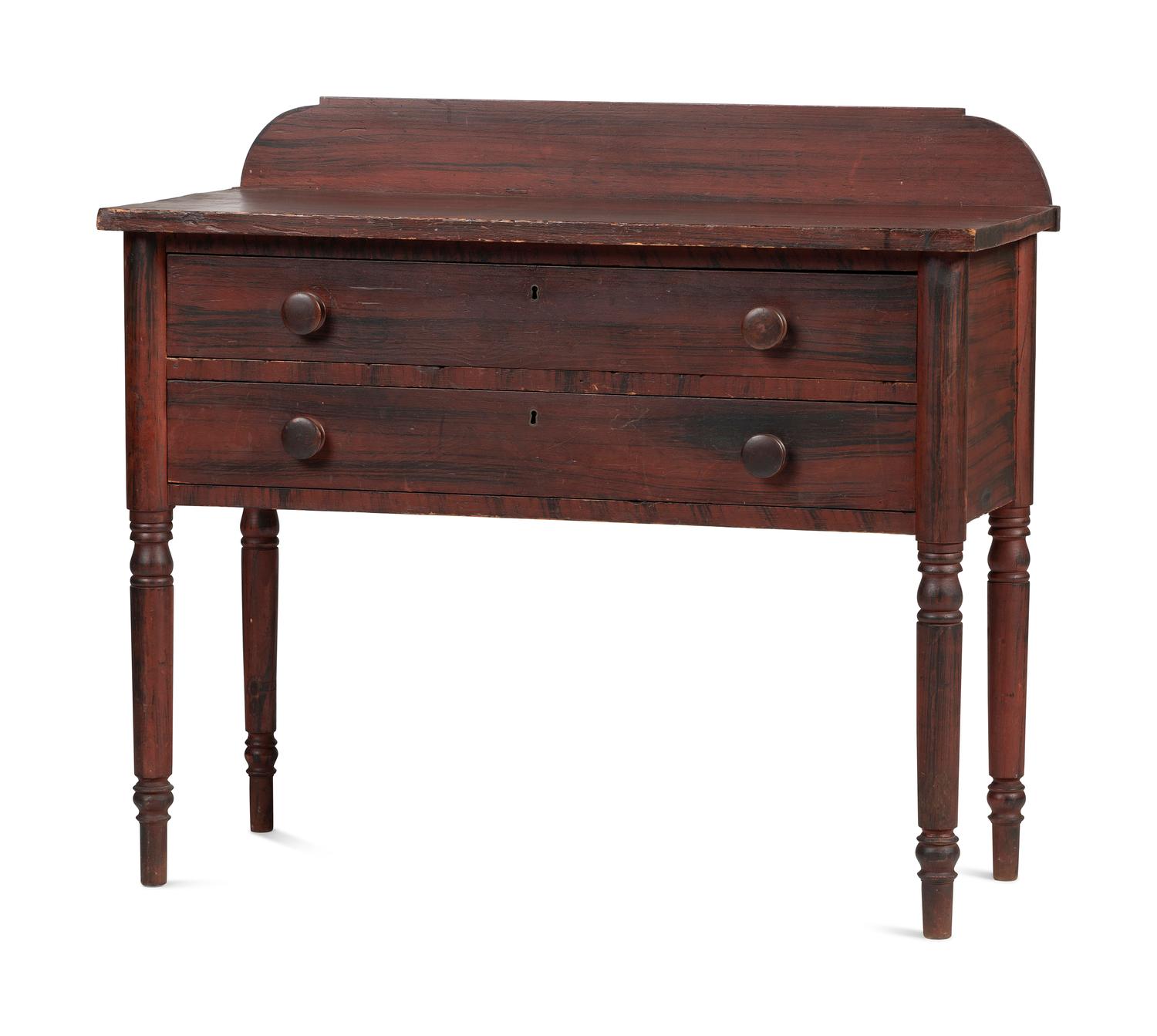 A Classical Country Grain Painted Pine and Maple Two-Drawer Console