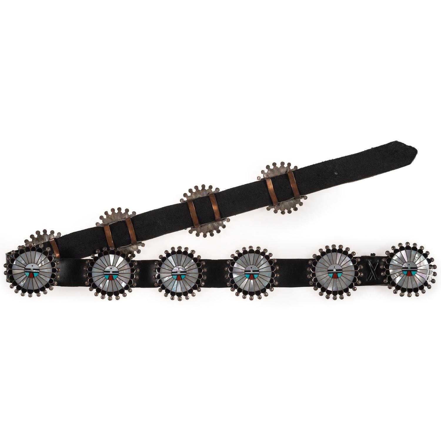 Zuni Silver and Mosaic Inlay Sunface Concha Belt