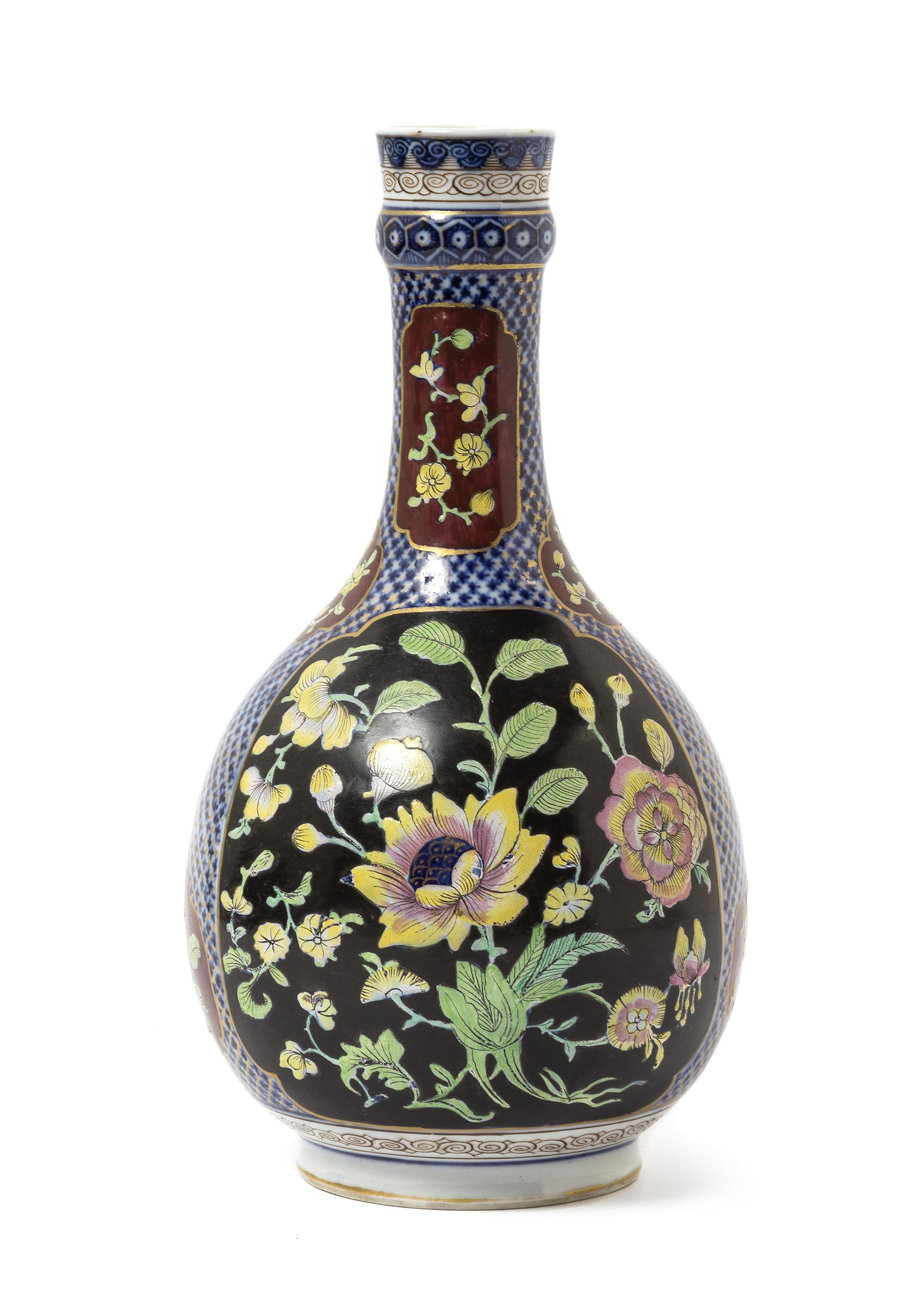 A Chinese Famille Rose on Black Ground and Underglaze Blue Porcelain Bottle Vase YONGZHENG PERIOD Height 9 1/2 inches. — YONGZHENG PERIOD