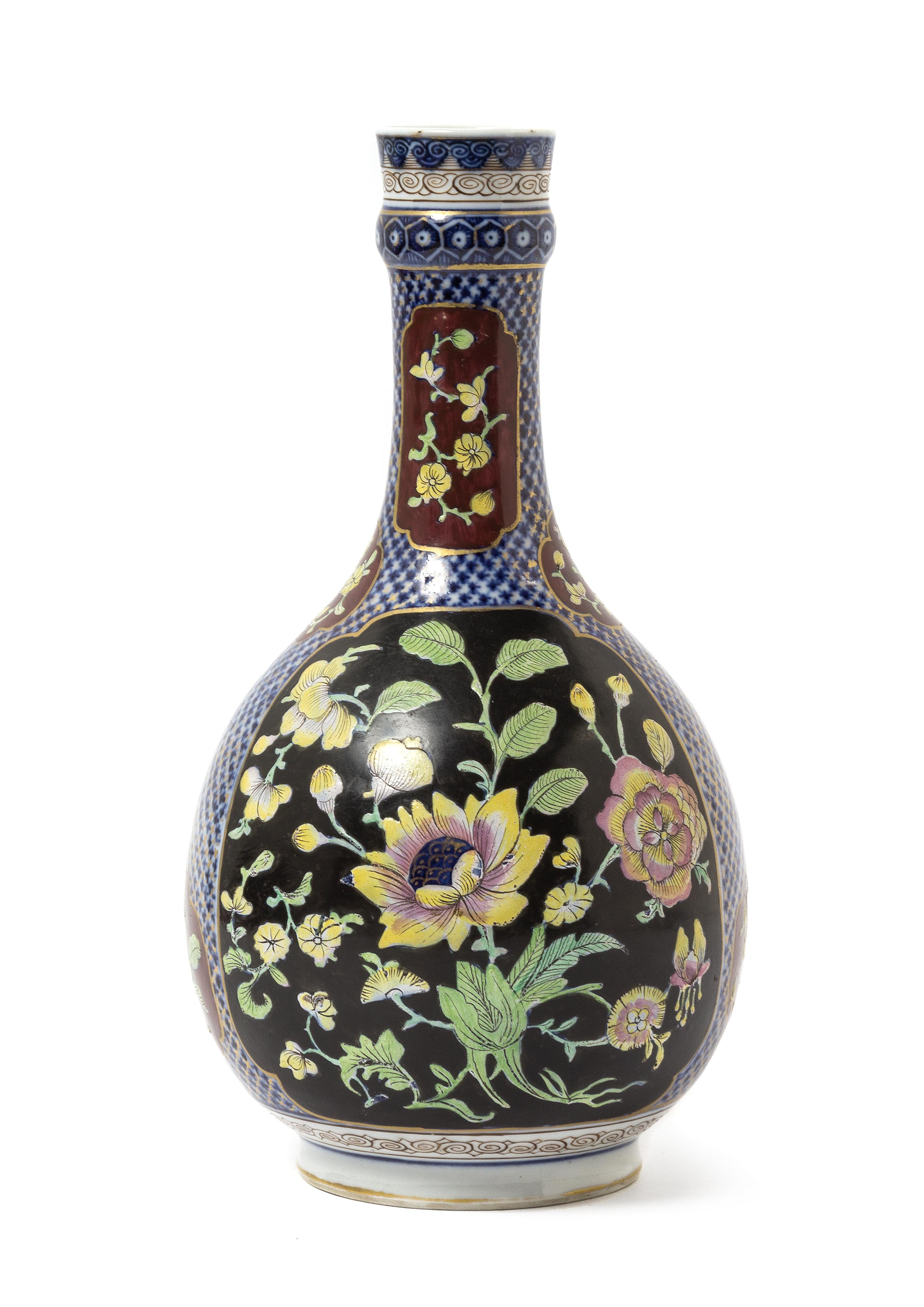 A Chinese Famille Rose on Black Ground and Underglaze Blue Porcelain Bottle Vase YONGZHENG PERIOD Height 9 1/2 inches. — YONGZHENG PERIOD