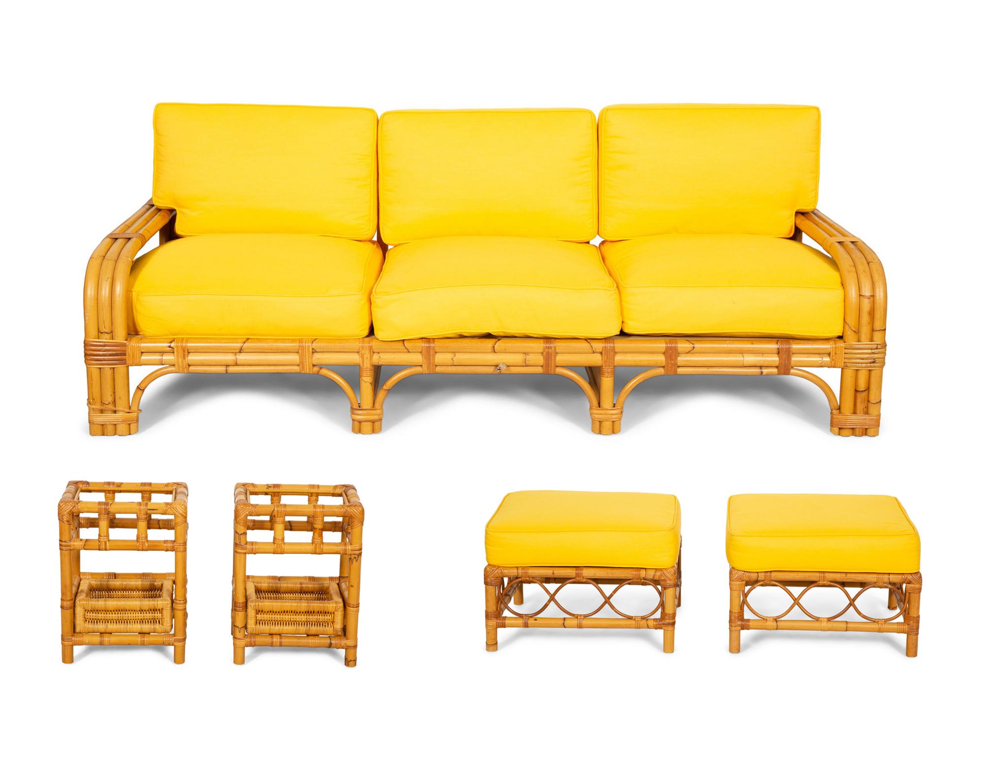 A Bielecky Brothers Rattan Settee with Two End Tables and a Pair of Ottomans