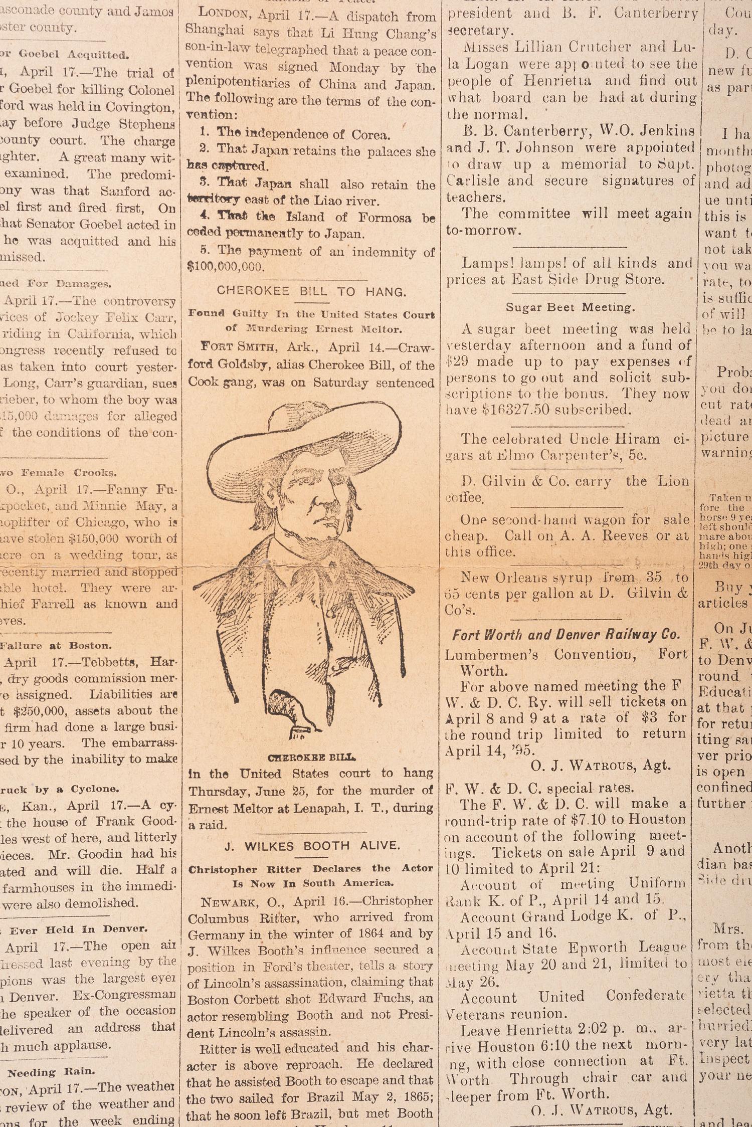 [OUTLAWS & LAWMEN]. The Henrietta Independent . Vol. II, No. 33. Clay County, TX: 19 April 1895. Featuring portrait of outlaw "Cherokee Bill" and details about his execution.