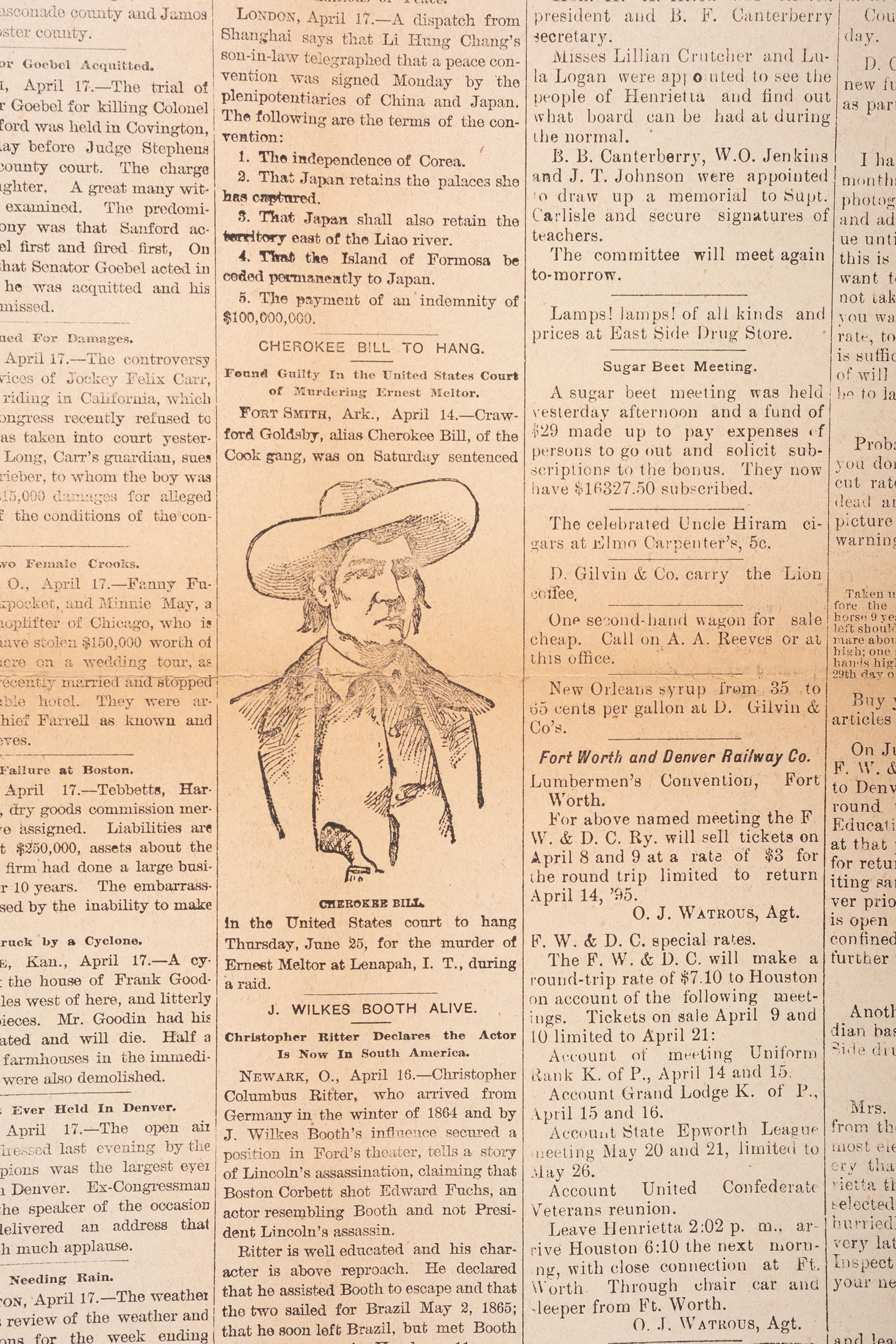 [OUTLAWS & LAWMEN]. The Henrietta Independent . Vol. II, No. 33. Clay County, TX: 19 April 1895. Featuring portrait of outlaw "Cherokee Bill" and details about his execution.