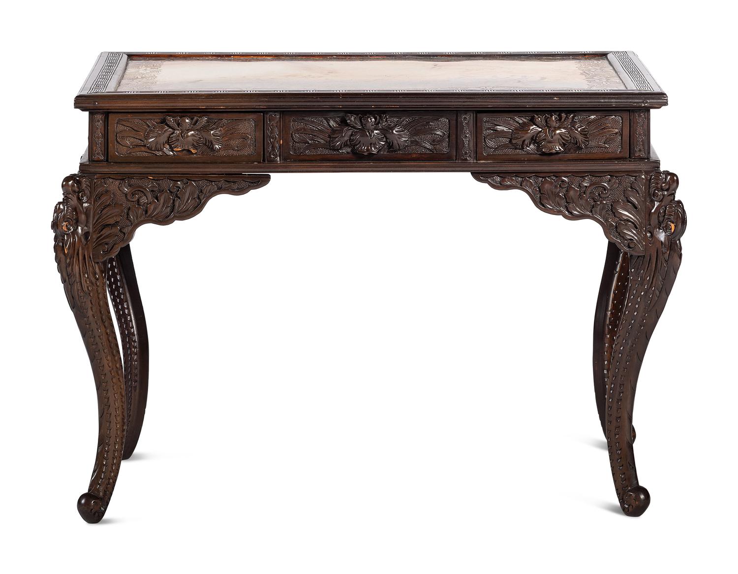 A Japanese Carved and Brass Inset Desk