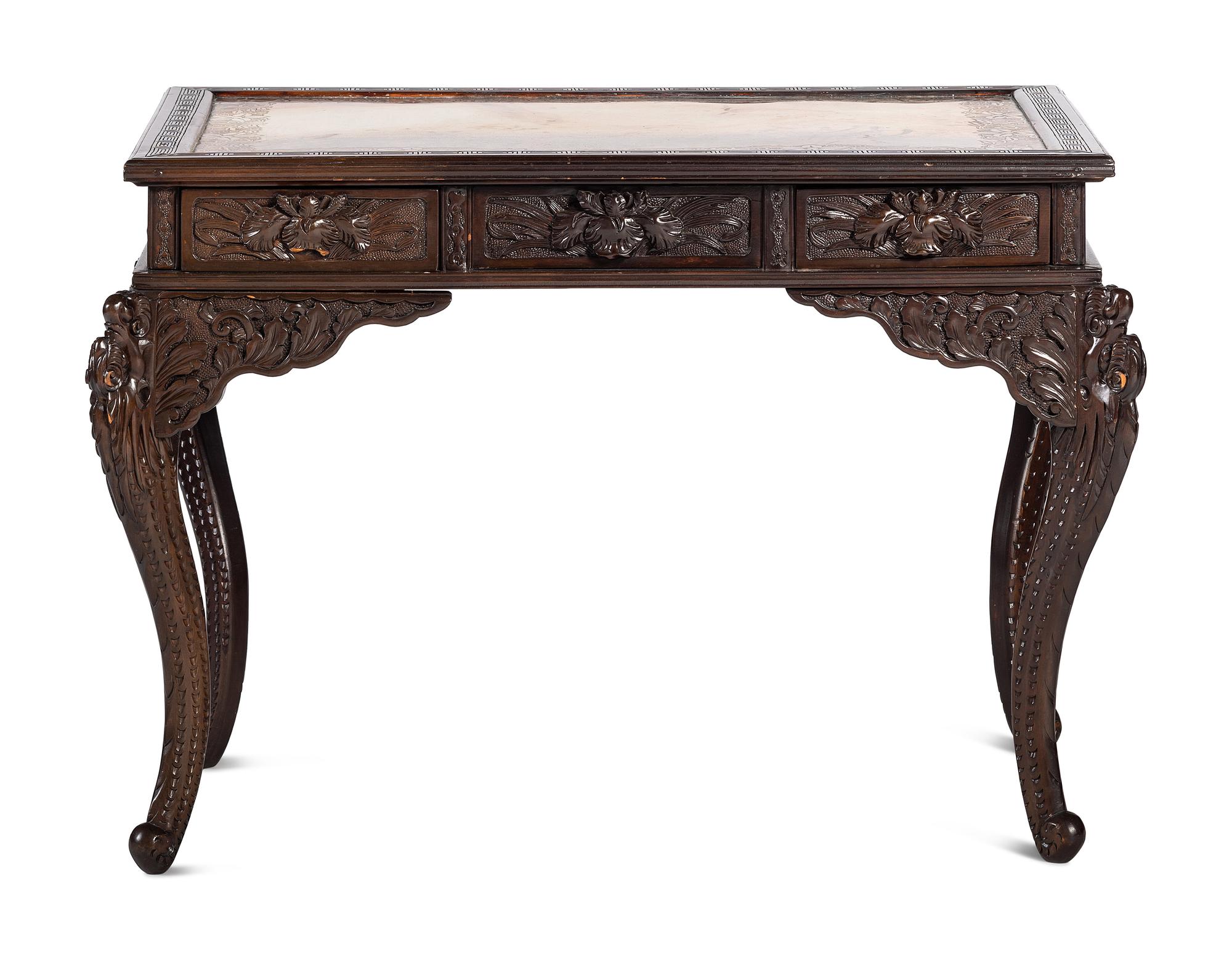 A Japanese Carved and Brass Inset Desk