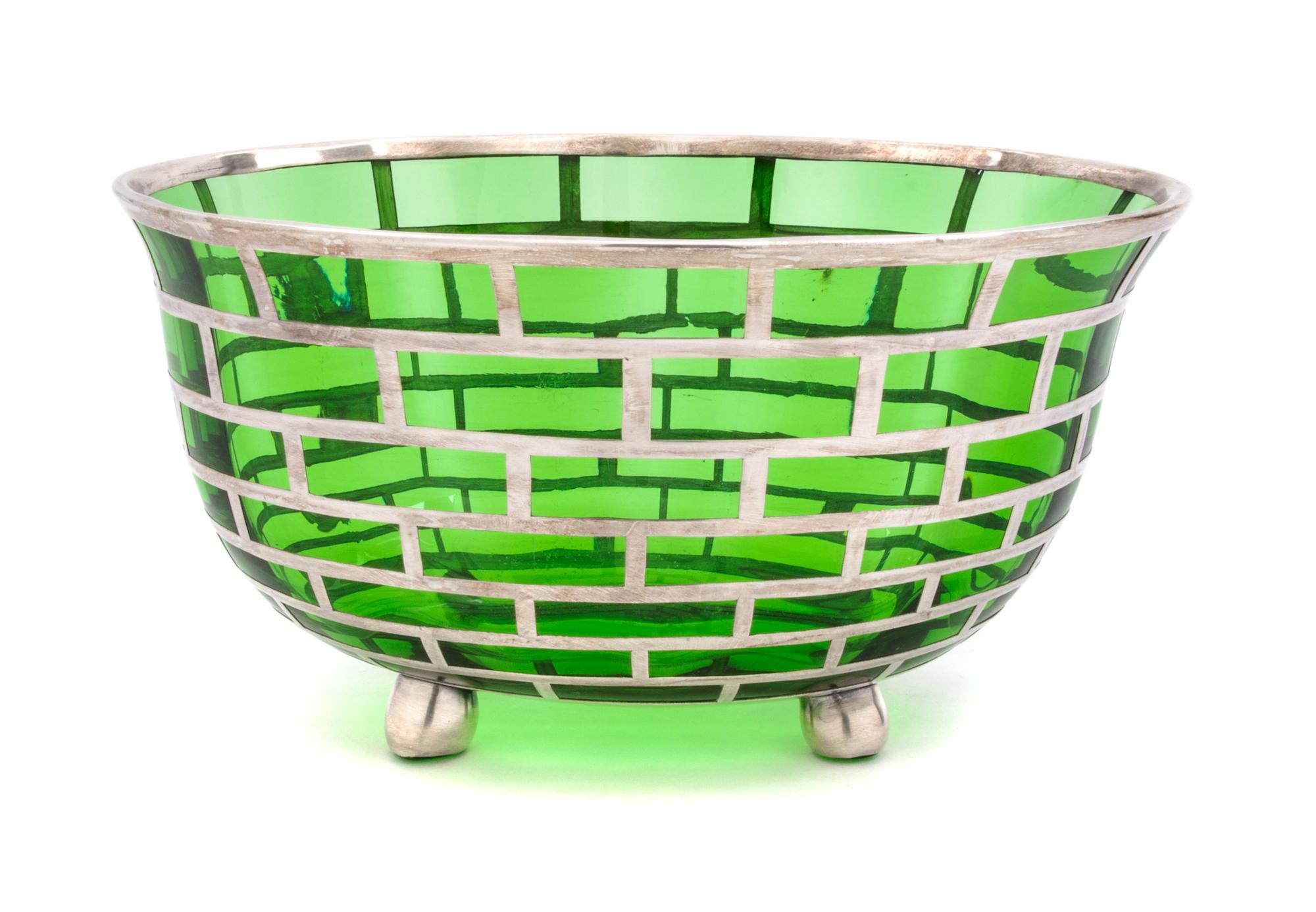 A Silver Overlay Footed Glass Bowl Width 8 1/8 inches.