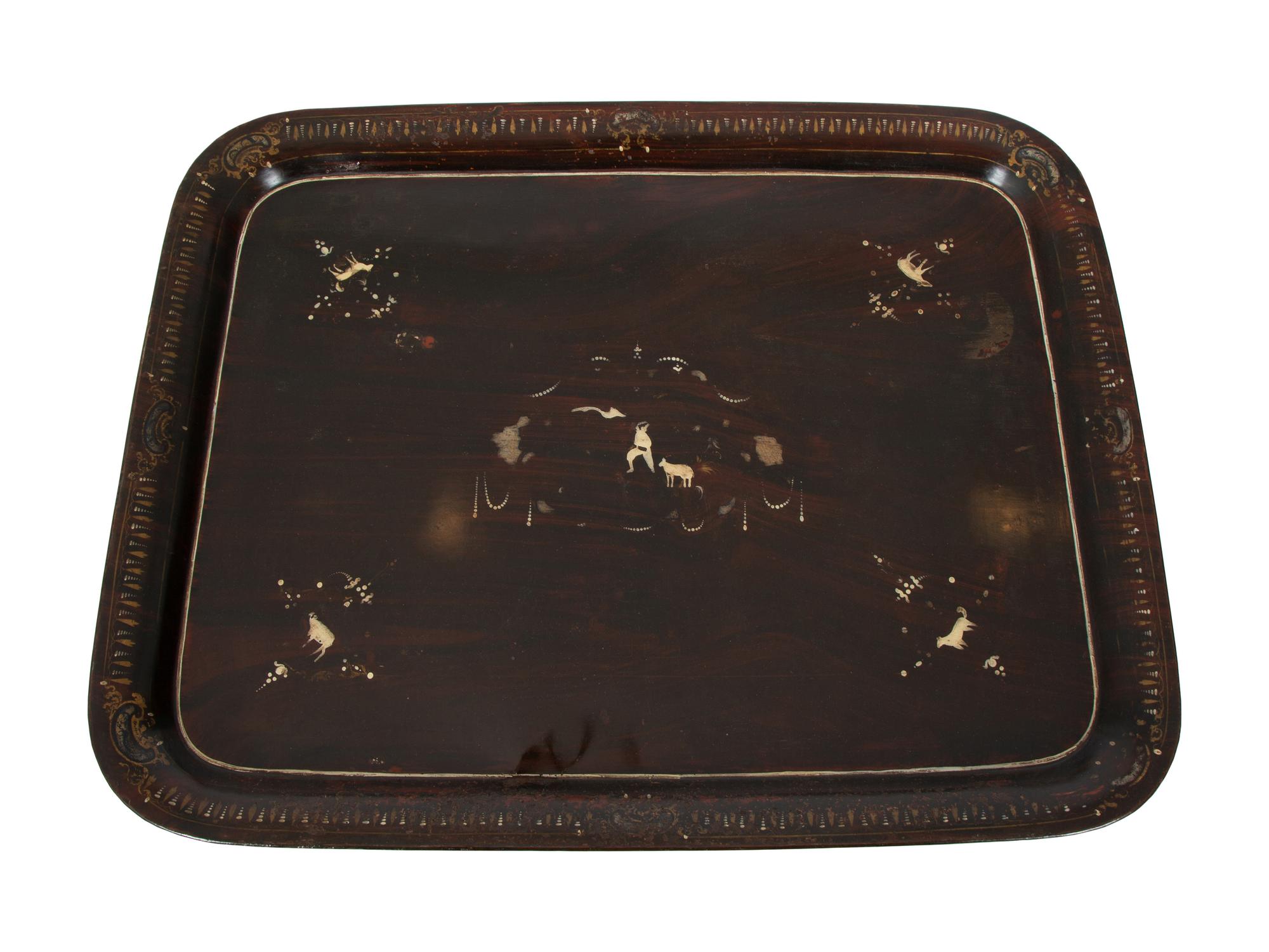 A Chinoiserie Tole Tray with Wooden Stand — 20TH CENTURY