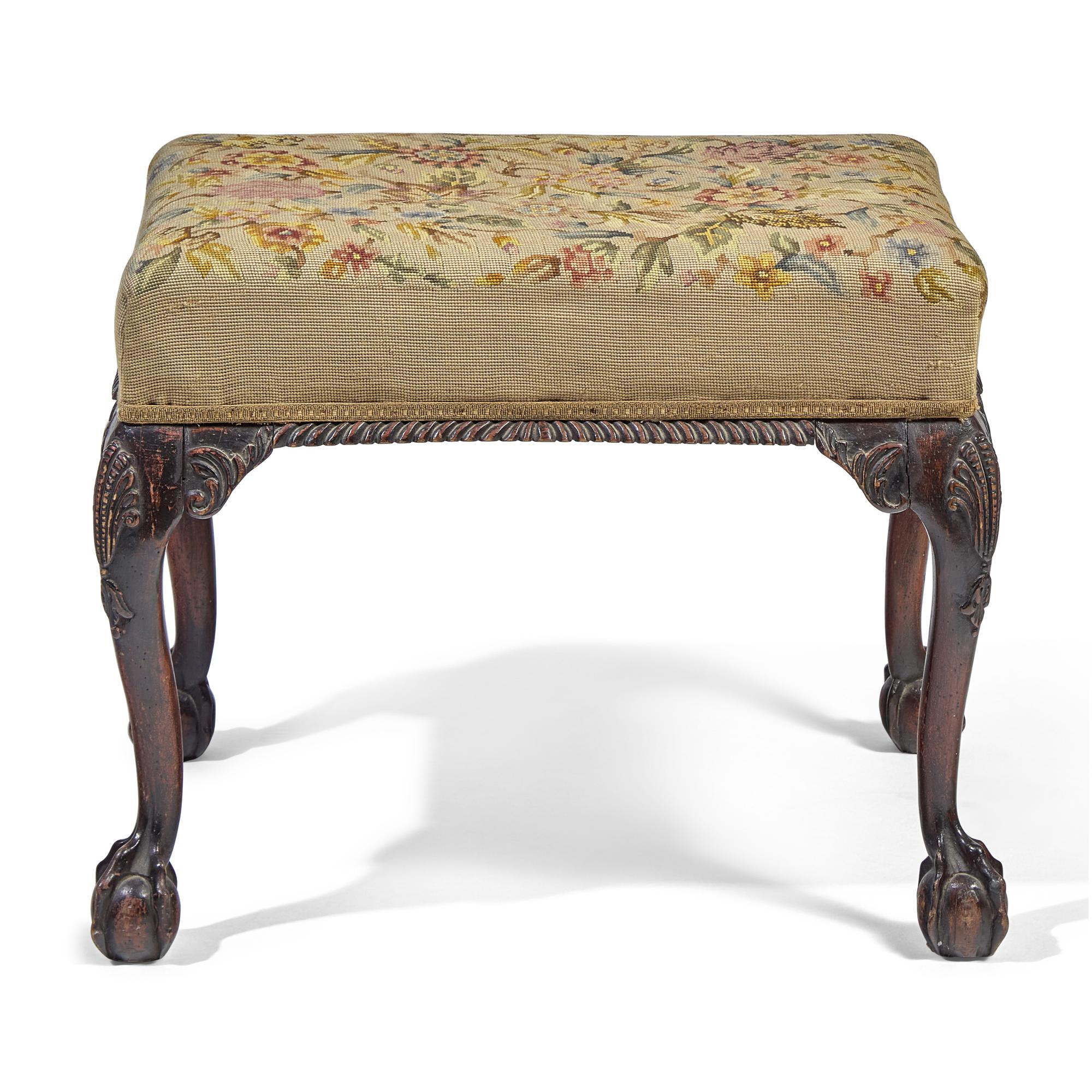 A George III Style Carved Mahogany Stool with Needlepoint Upholstery