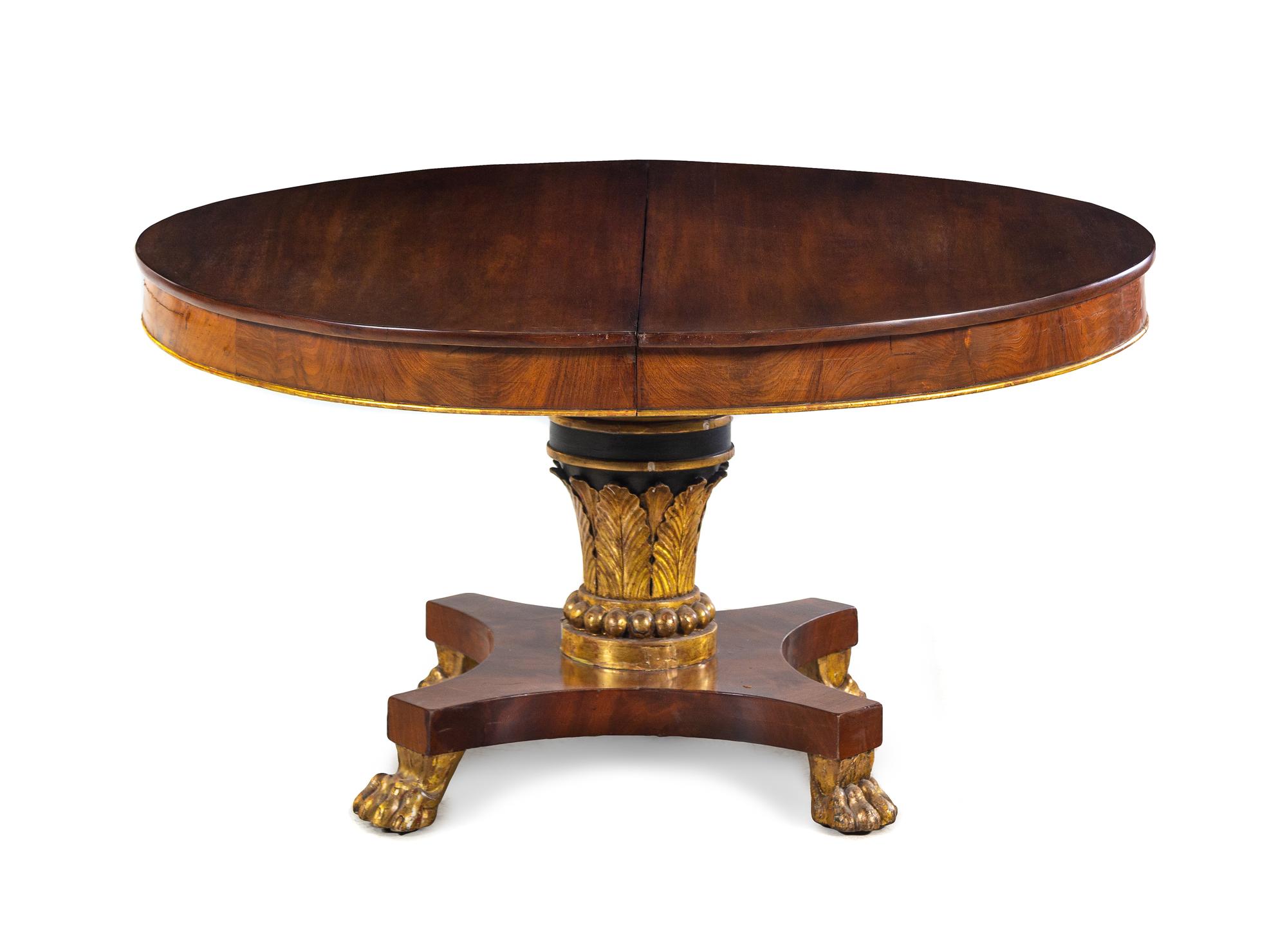 A Regency Style Painted and Parcel Gilt Mahogany Extension Dining Table