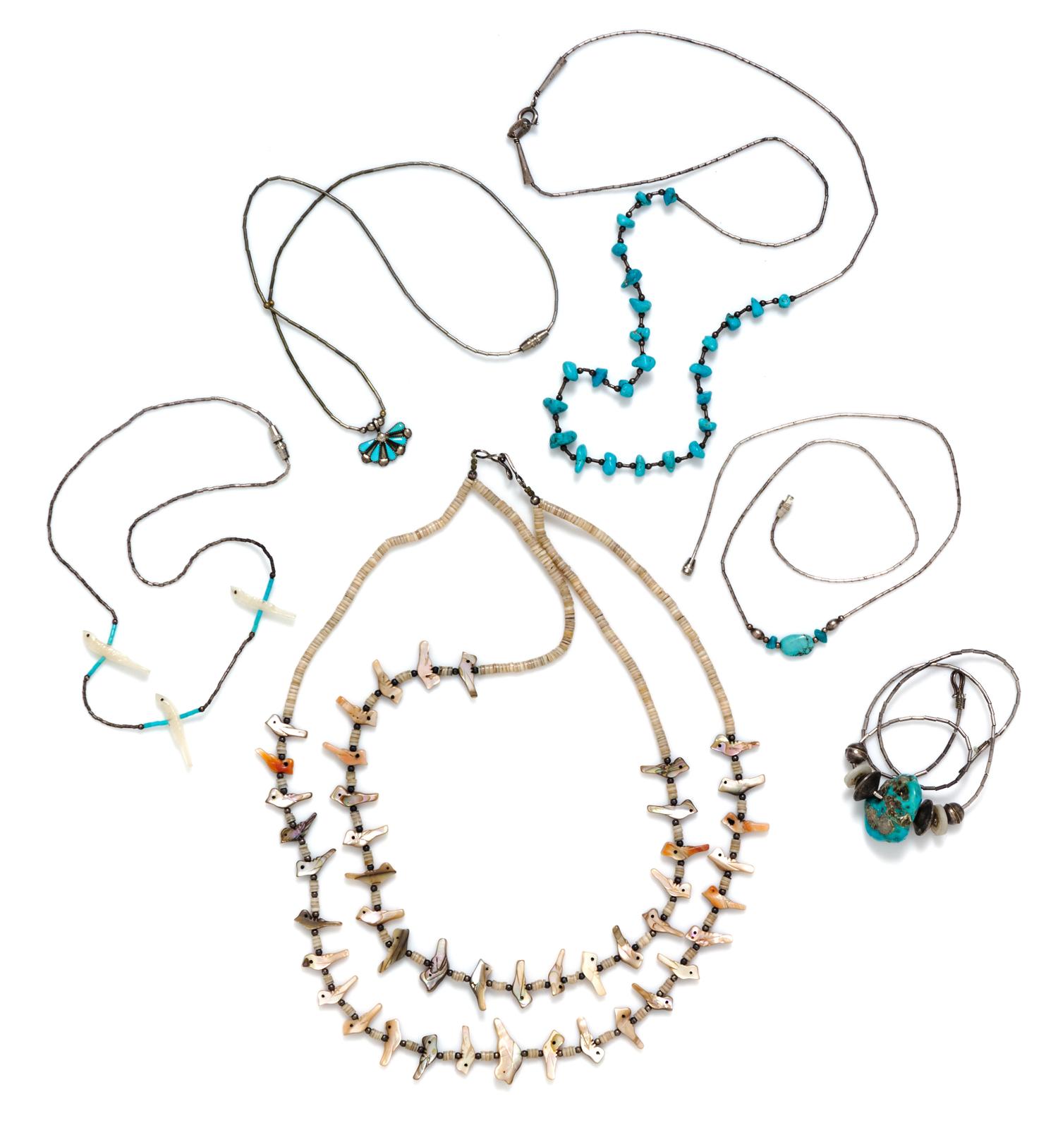 A Collection of Silver, Turquoise, Abalone and Shell Necklaces, 38.50 dwts.