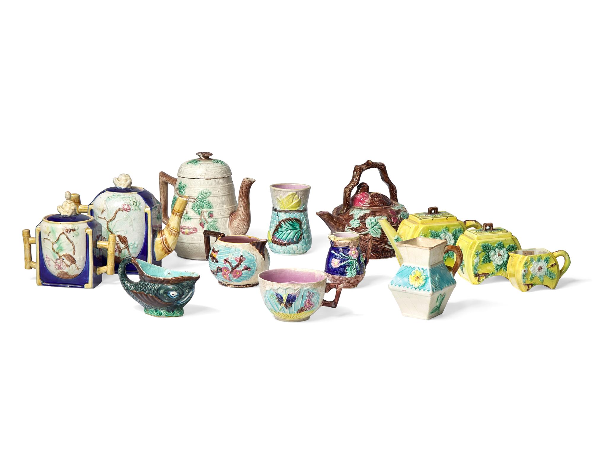 An Assorted Collection of Thirteen Majolica Teawares